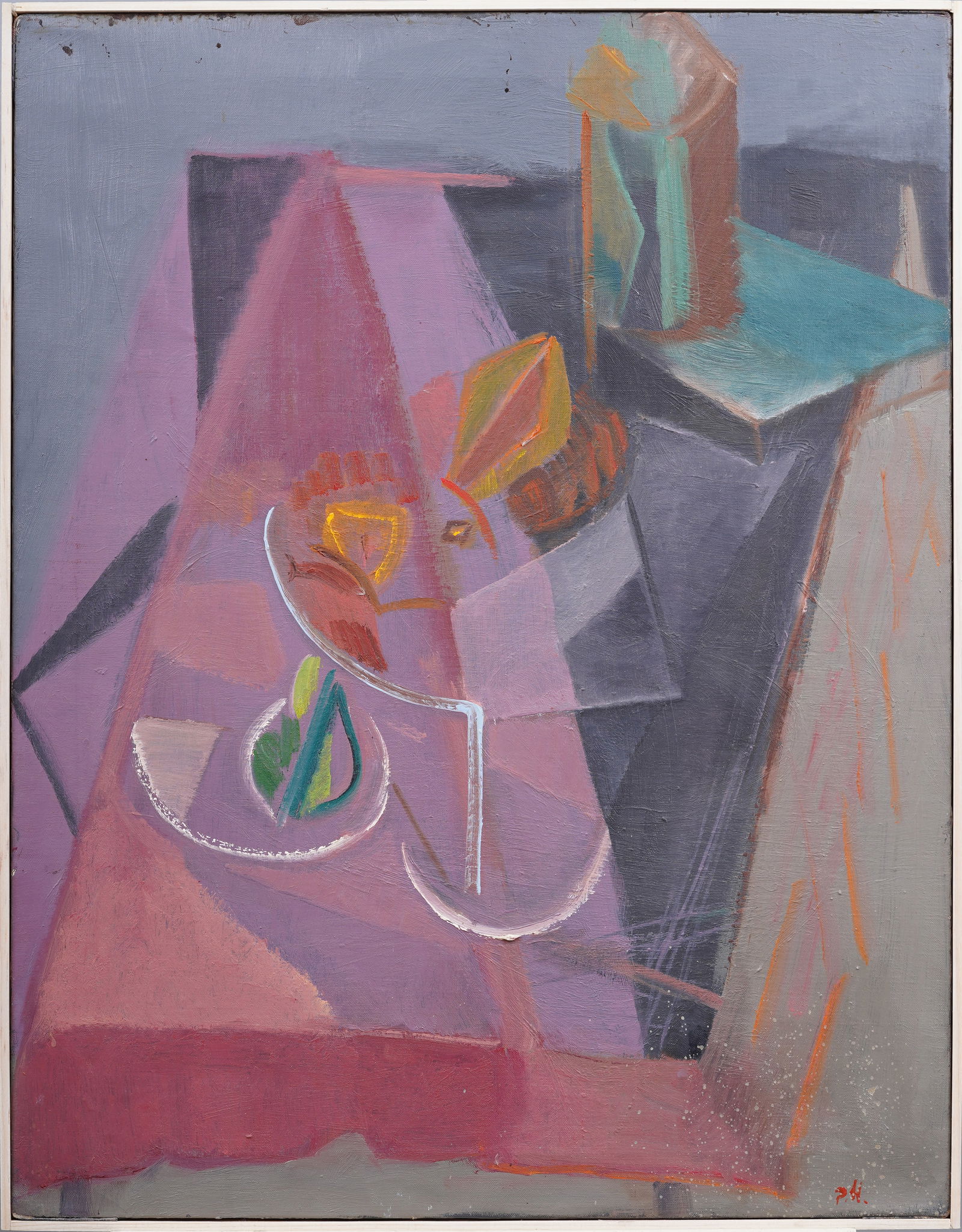 Monogrammed Mystery Mid Century Cubist Abstract Pink Palette Vintage American Original Oil Painting (1 of 7)