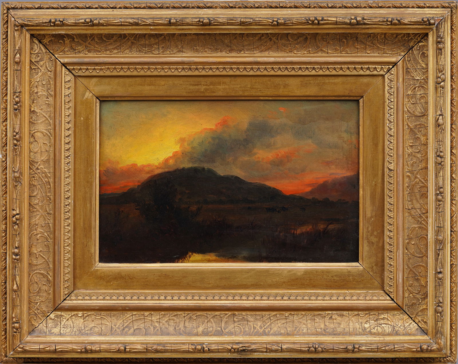 Antique American Signed Hudson River School Sunset Landscape Exhibited Original Oil Painting (1 of 7)