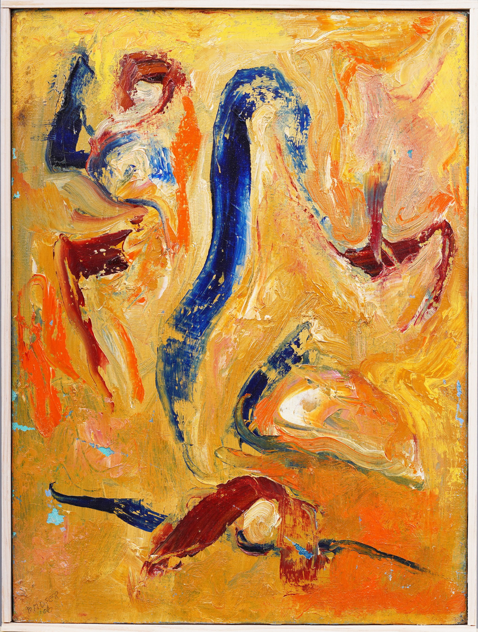 Signed Mid Century Modern American Abstract Expressionist Framed Original Oil Painting: Antique American school abstract oil painting. Oil on canvas. Signed. Framed. Please see all images for condition. Size is measured and written on the back of the painting. The first size is the overa