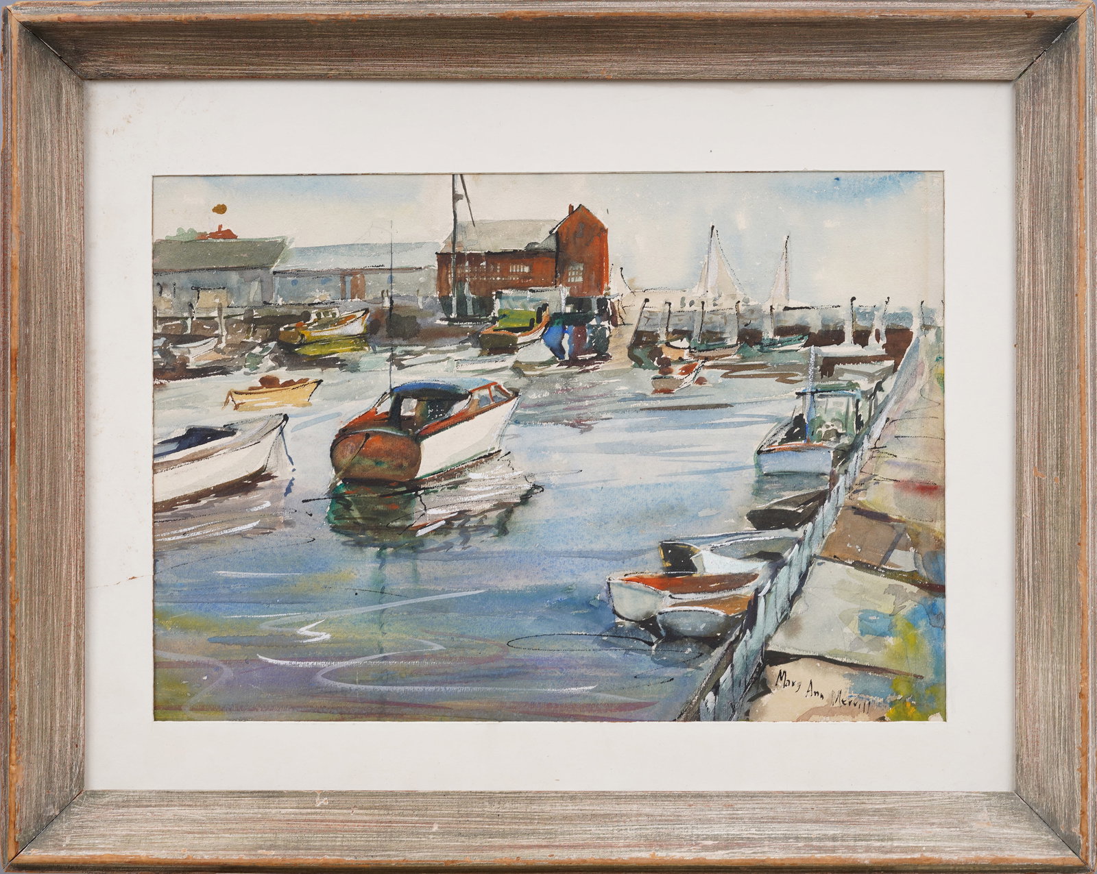 Mary Ann Merrill Signed Maine Harbor Seascape Antique American Impressionist Painting: Antique American watercolor painting by Mary Ann Merrill. Watercolor on paper. Signed. Framed. Please see all images for condition. Size is measured and written on the back of the painting. The first 