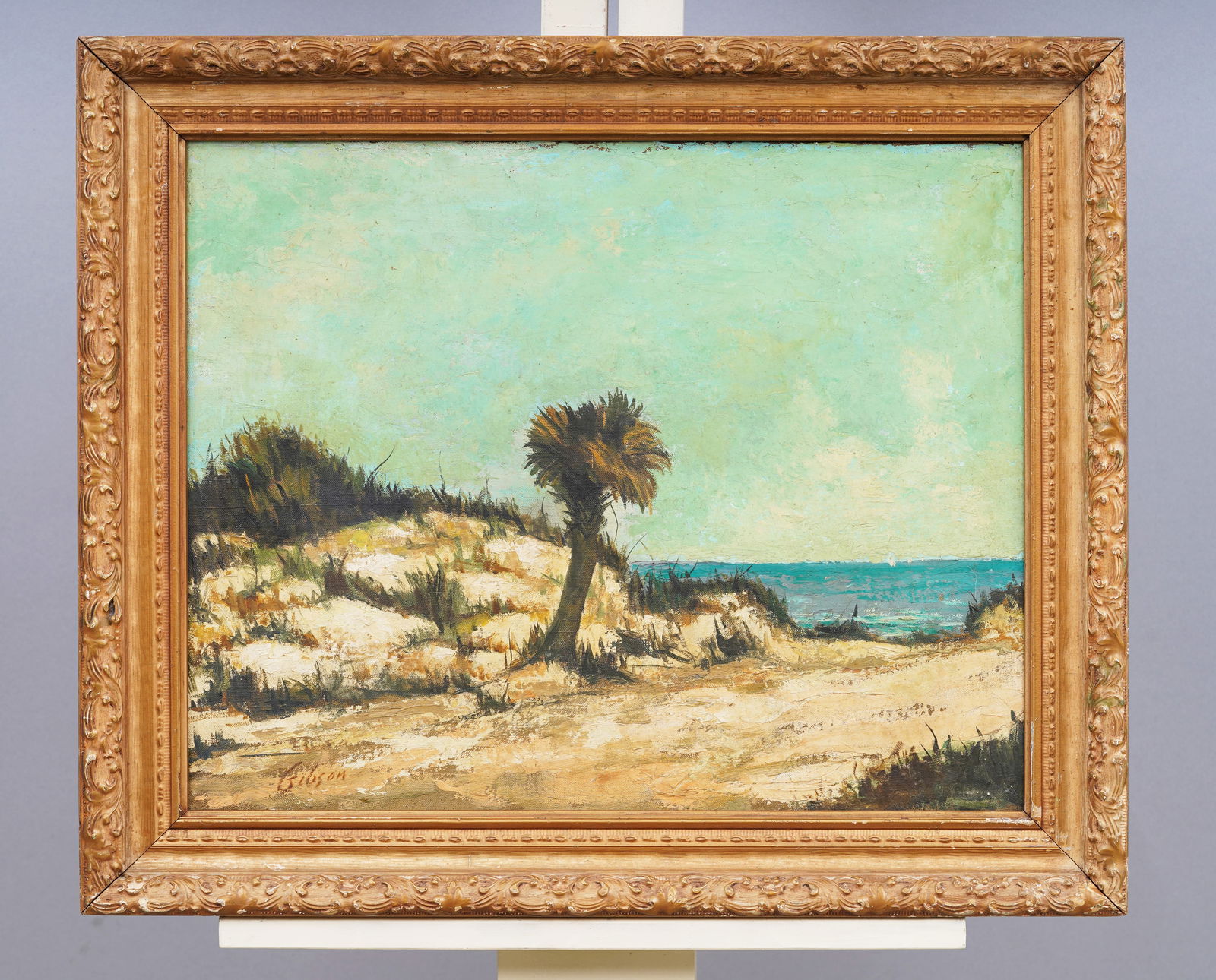 ATTR James Gibson 1938-2017 Impressionist Florida Beach Scene Palm Tree Original Oil Painting (1 of 5)