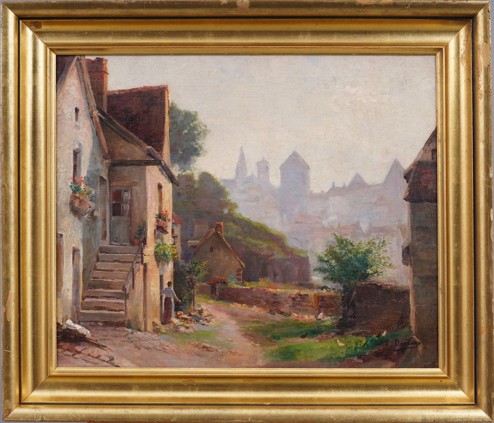 Gorgeous French Impressionist Village Scene Fresh Flower Antique Framed Original Oil Painting (1 of 6)