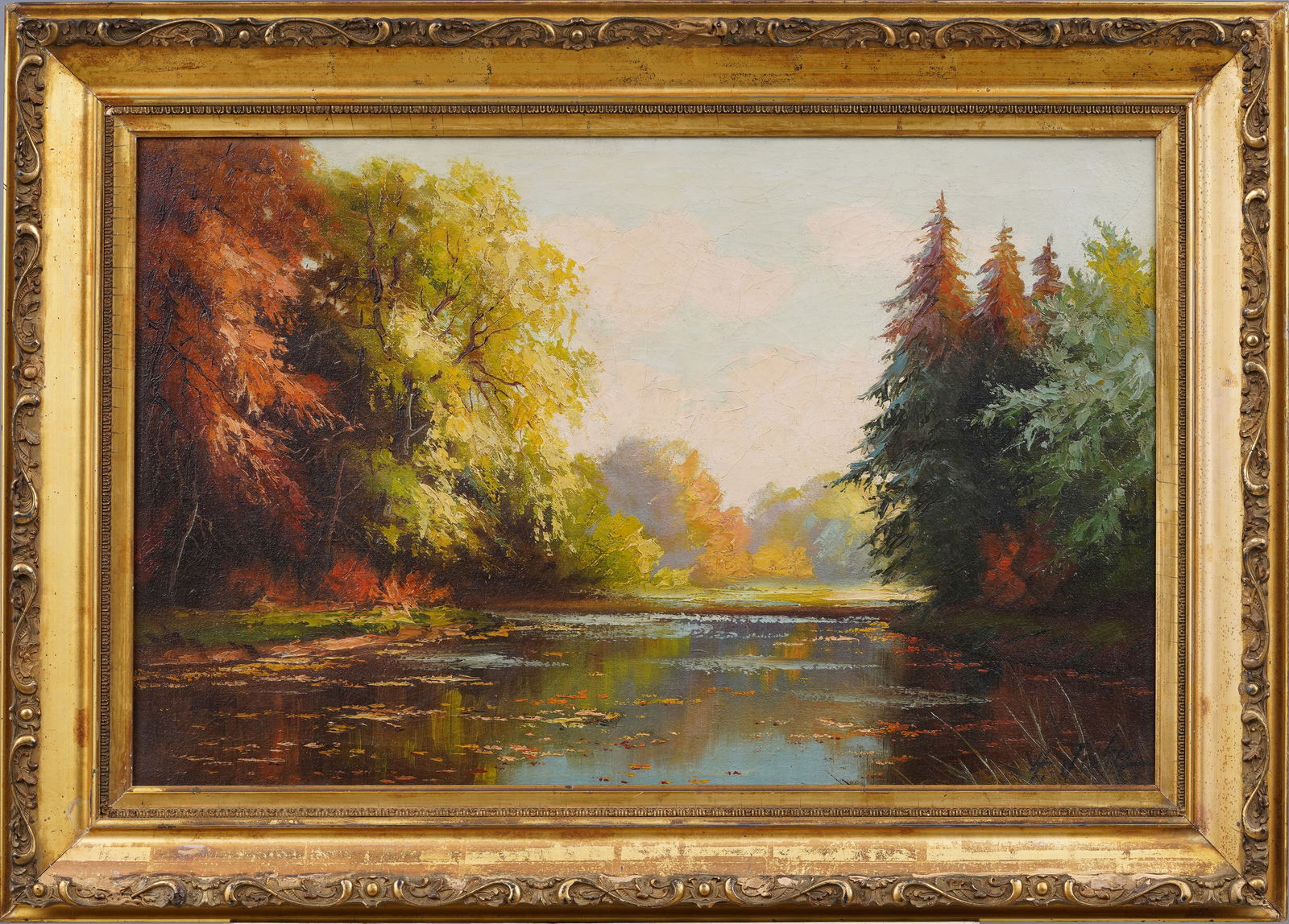 Finely Framed Antique German Fall Landscape Signed Impressionist River View  Original Oil Painting (1 of 6)
