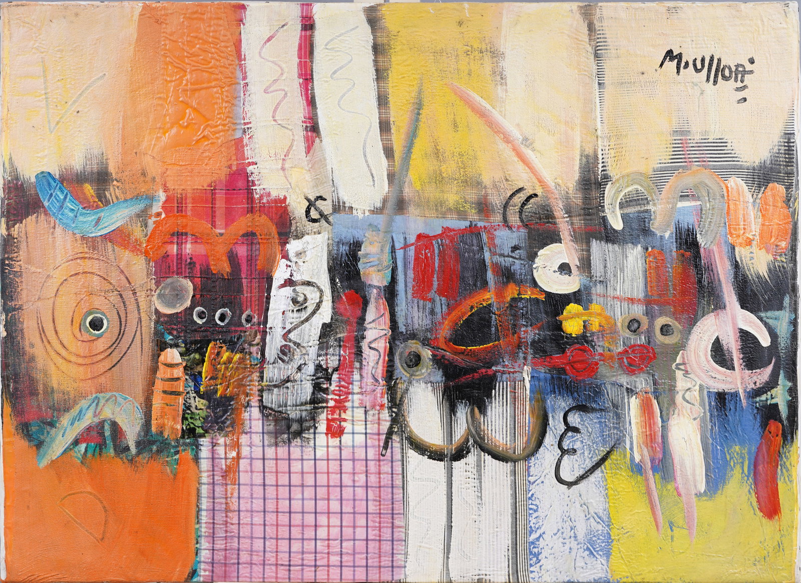 Miguel Ulloa Signed Vintage Dominican Republic Modernist Abstract Expressionist Oil Painting: Antique abstract oil painting. Oil on canvas. Signed. Please see all images for condition. Size is measured and written on the back of the painting. The first size is the overall size, the second size
