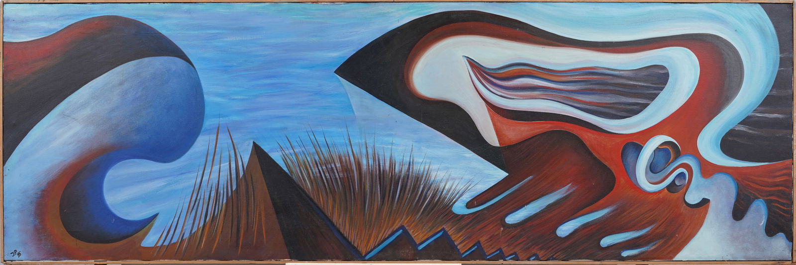 MONUMENTAL Monogrammed Surreal Abstract Landscape Framed Signed Oil Painting (1 of 6)