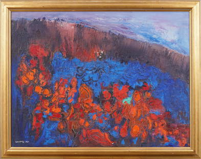 Ralph Rosenborg 1913- 1992 Mid Century Modern Abstract Barcelona Landscape Framed Oil Painting: Antique American modernist oil painting by Ralph M. Rosenborg (1913 - 1992). Oil on canvas. Signed. Framed. Please see all images for condition. Size is measured and written on the back of the