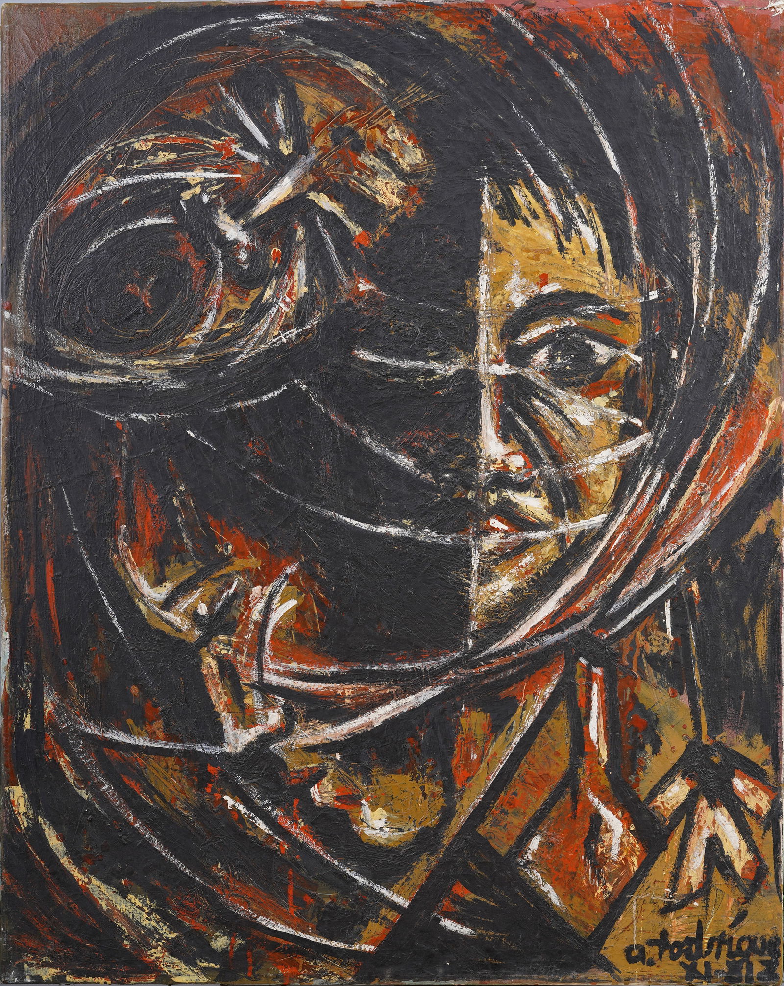 Antique Signed Abstract Expressionist Large Portrait Oil Paining (1 of 5)