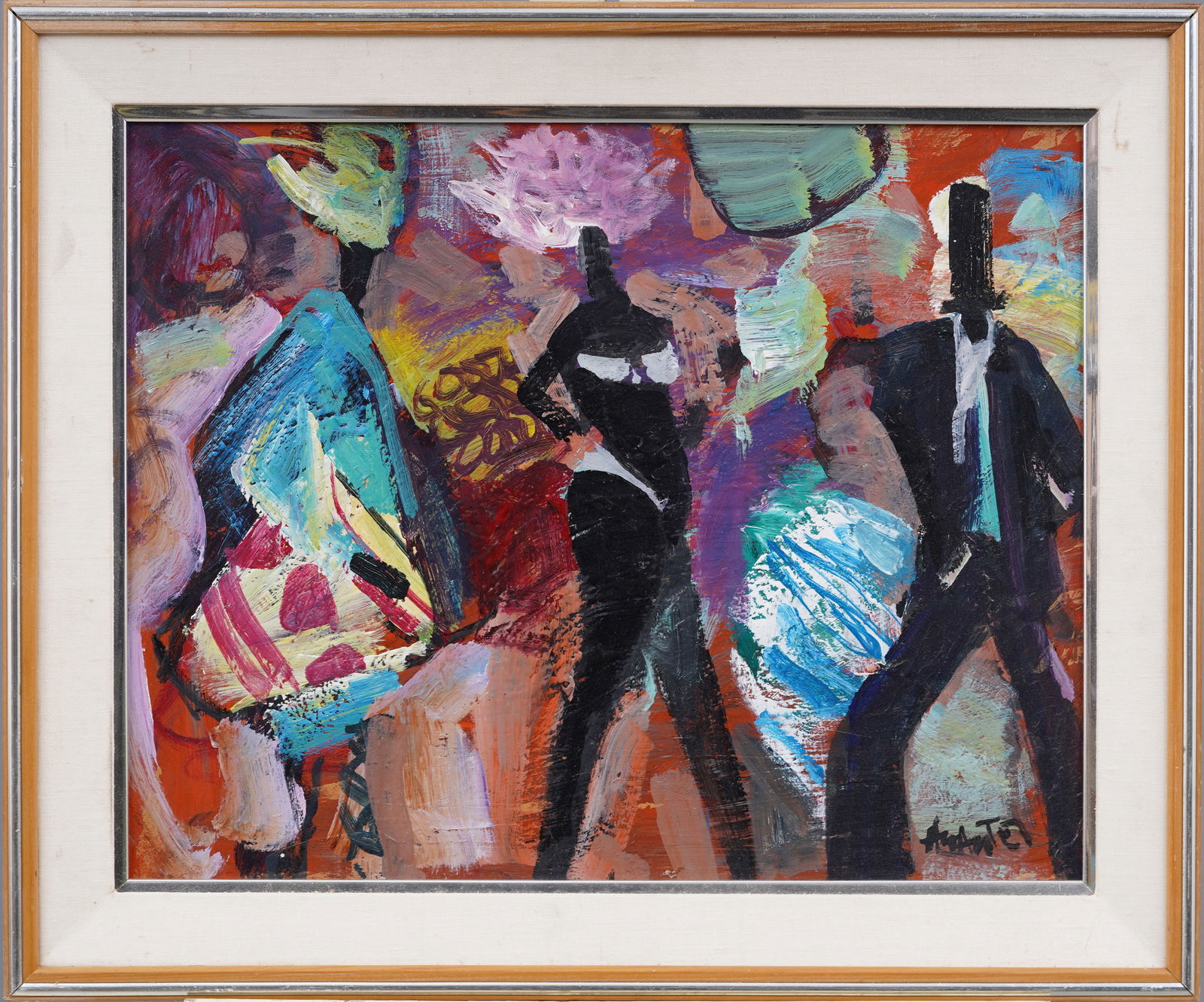 Vintage American School Art Deco Cabaret Signed Formal Party Original Oil Painting (1 of 6)