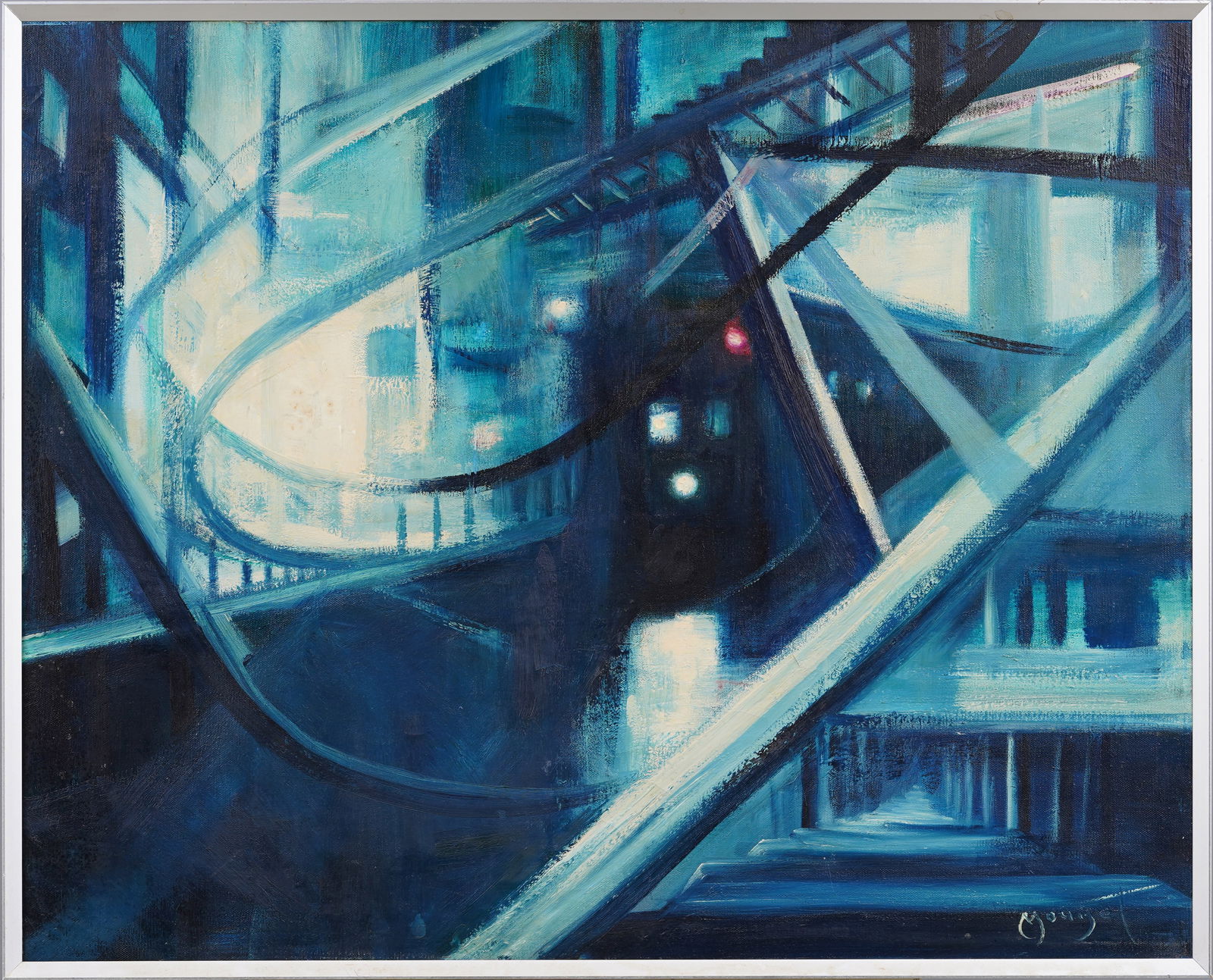 Signed Early Antique American Modernist Elevated Subway Train Nocturnal Cityscape Oil Painting (1 of 6)
