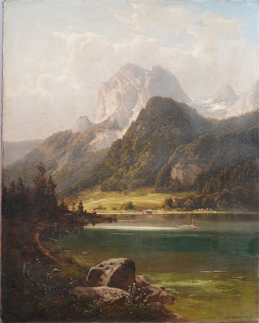 Incredible 19th Century European Signed Antique Mountain Valley Landscape Lake Canoeing Oil Painting (1 of 6)