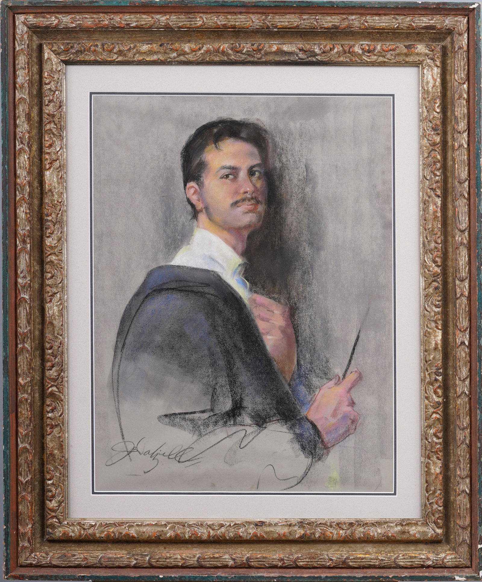 Vintage Handsome Young Man Male Artist Self Portrait American Original Framed Pastel Painting (1 of 6)