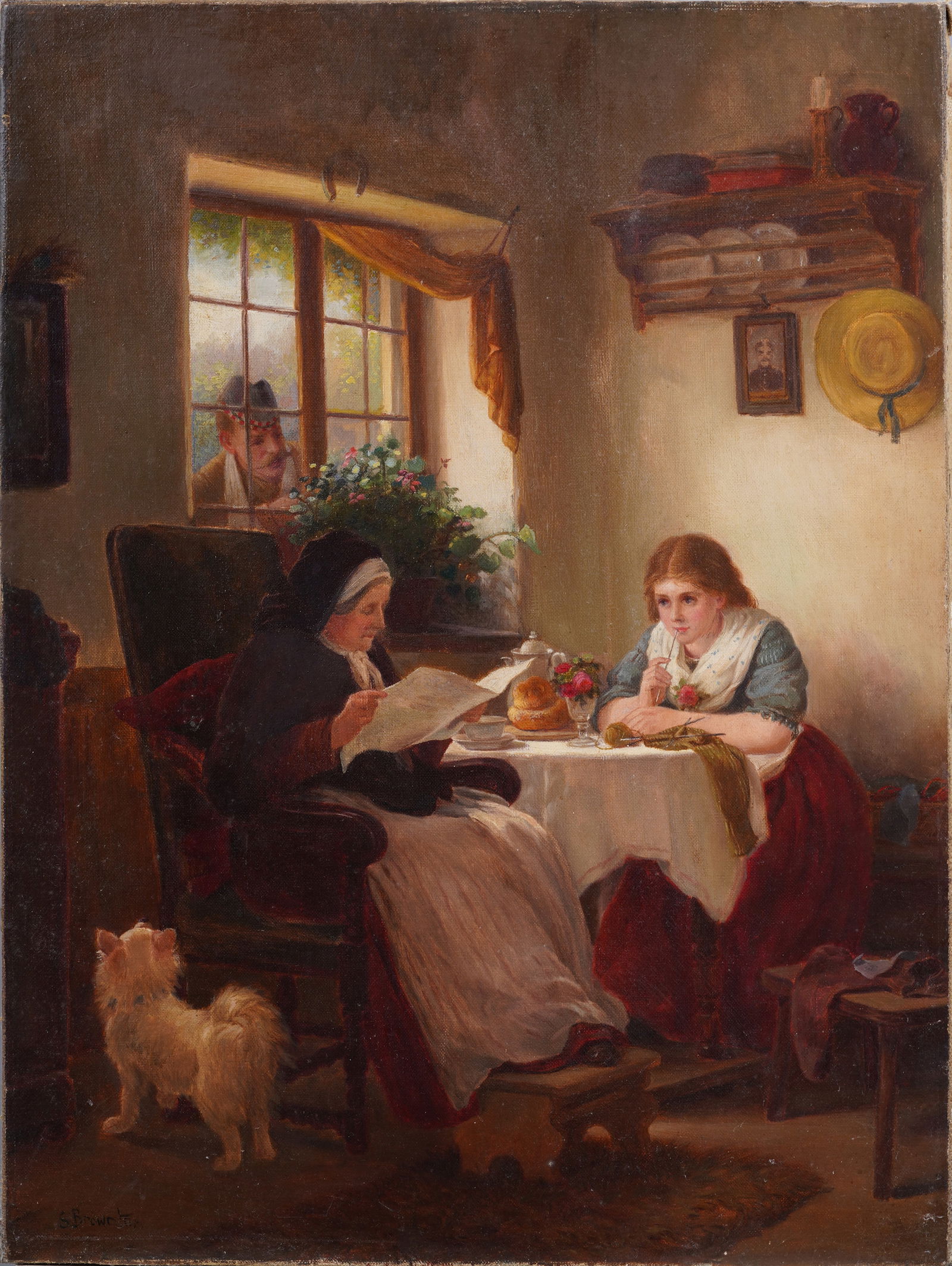 Signed European Genre Scene Interior View Woman Dog Antique Original Oil Painting (1 of 6)