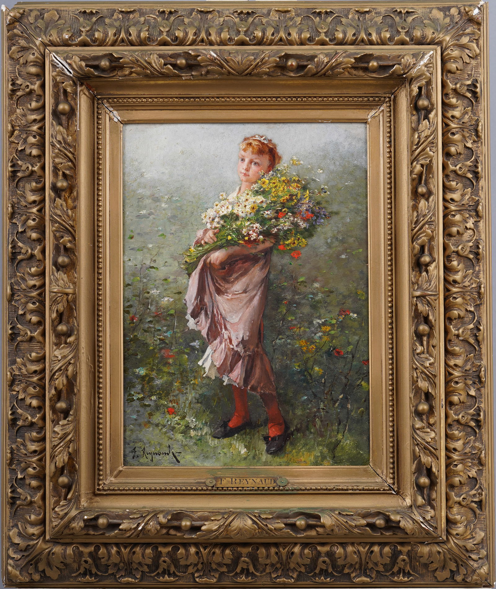 François Reynaud (1825 - 1909) "The Flower Girl" Antique French Impressionist Framed Oil Painting (1 of 6)