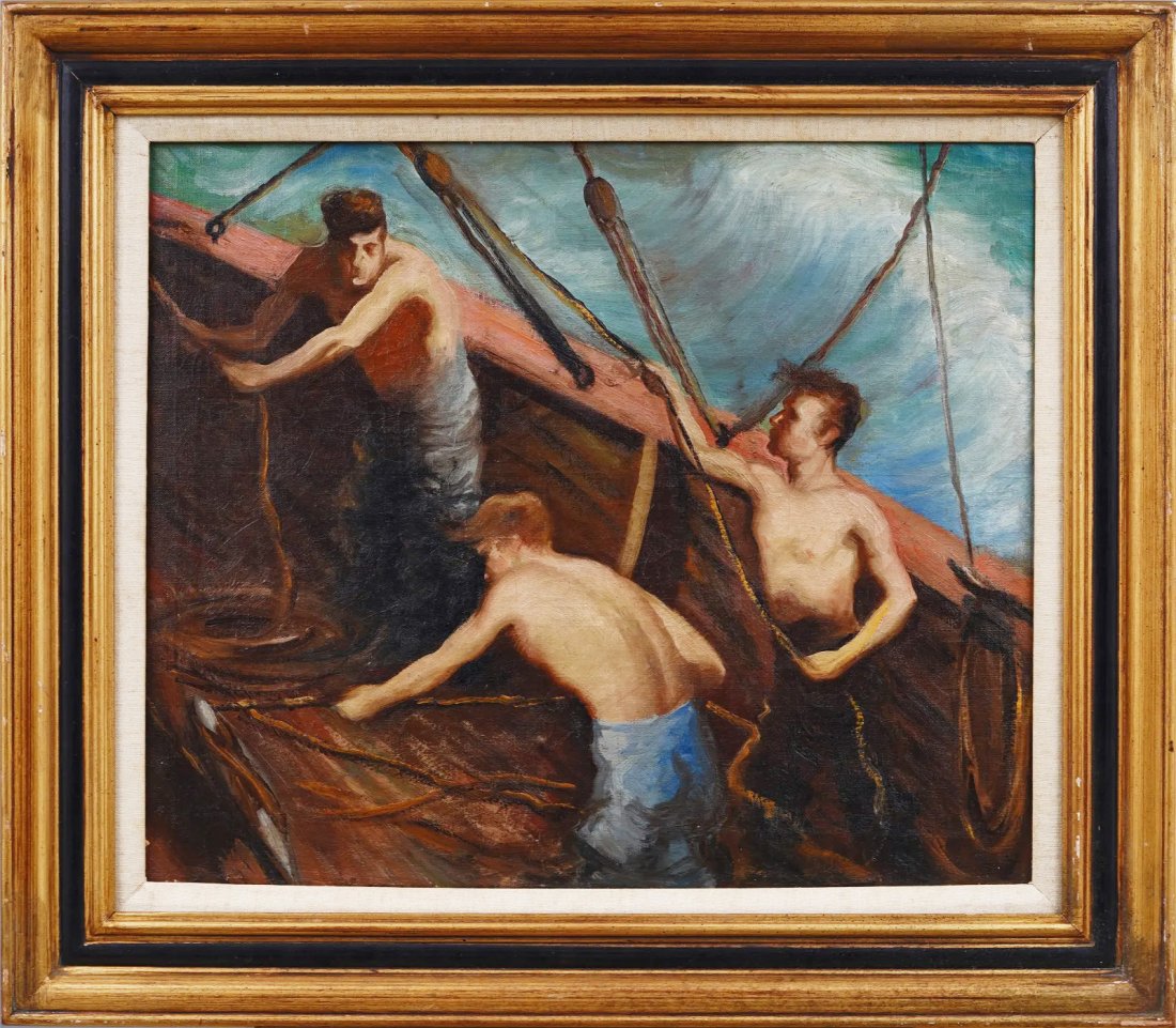 Walter Cohn 1886- 1964 Modernist Young Shirtless Male Portrait Fishermen Seascape Original Painting: Antique American modernist fishing oil painting. Oil on canvas. Framed. Signed verso. Please see all images for condition. Size is measured and written on the back of the painting. The first size is t