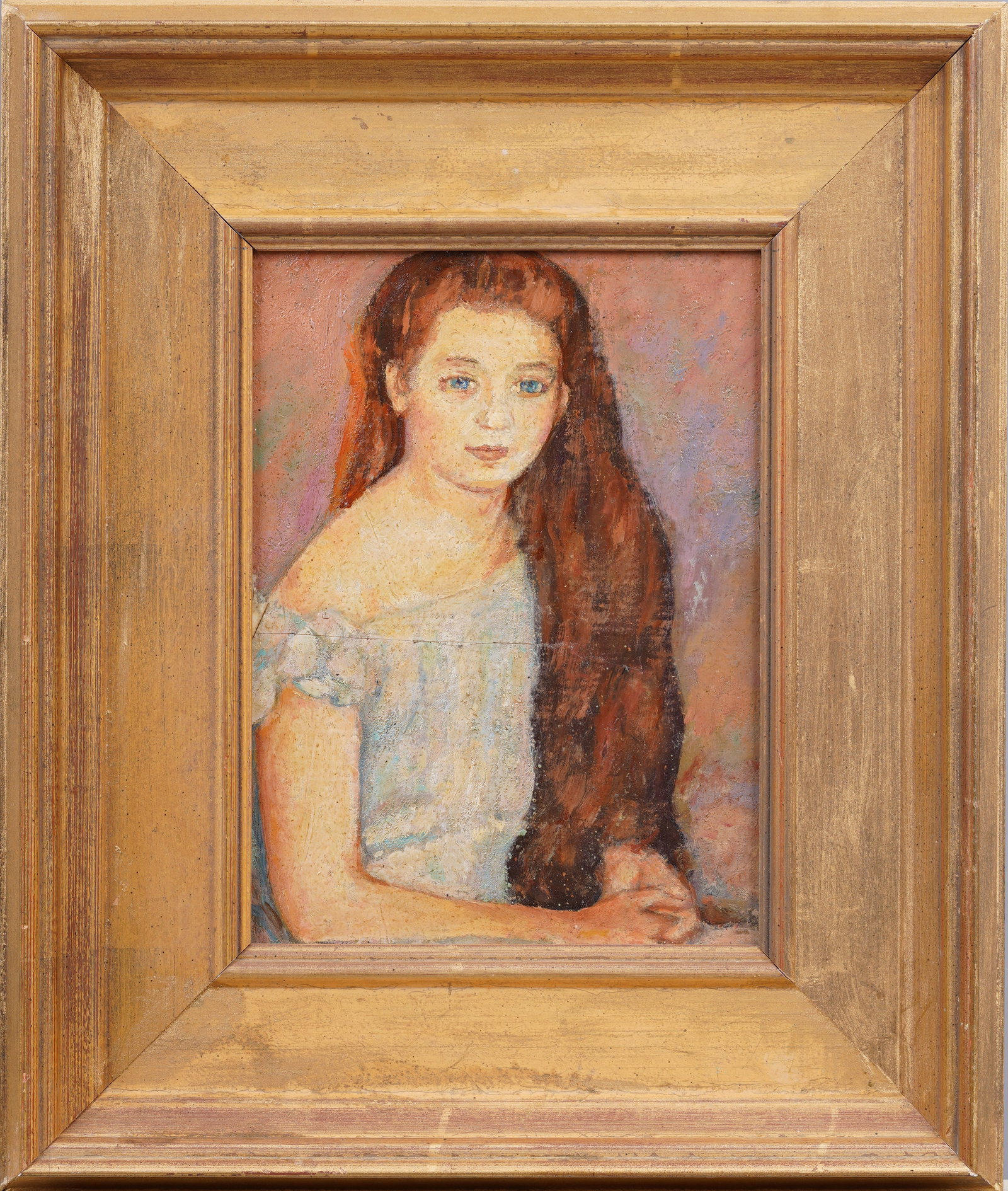 Antique American Impressionist Young Girl Portrait Framed Original Oil Painting: Antique American oil painting. Oil on board. Framed. Please see all images for condition. Size is measured and written on the back of the painting. The first size is the overall size, the second size 