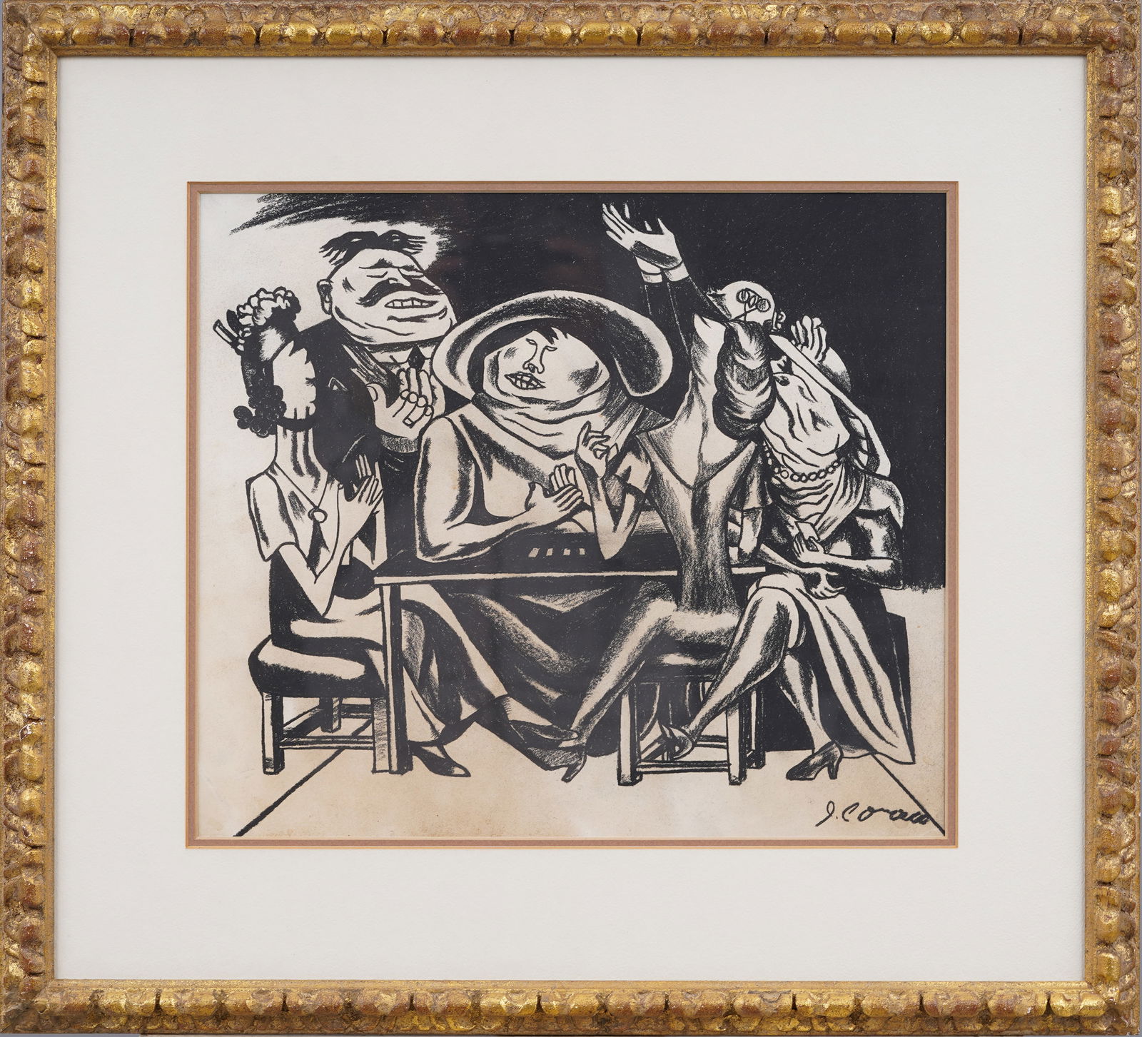 Nicely Framed European School Modernist Dinner Party Signed Original Charcoal Drawing (1 of 8)
