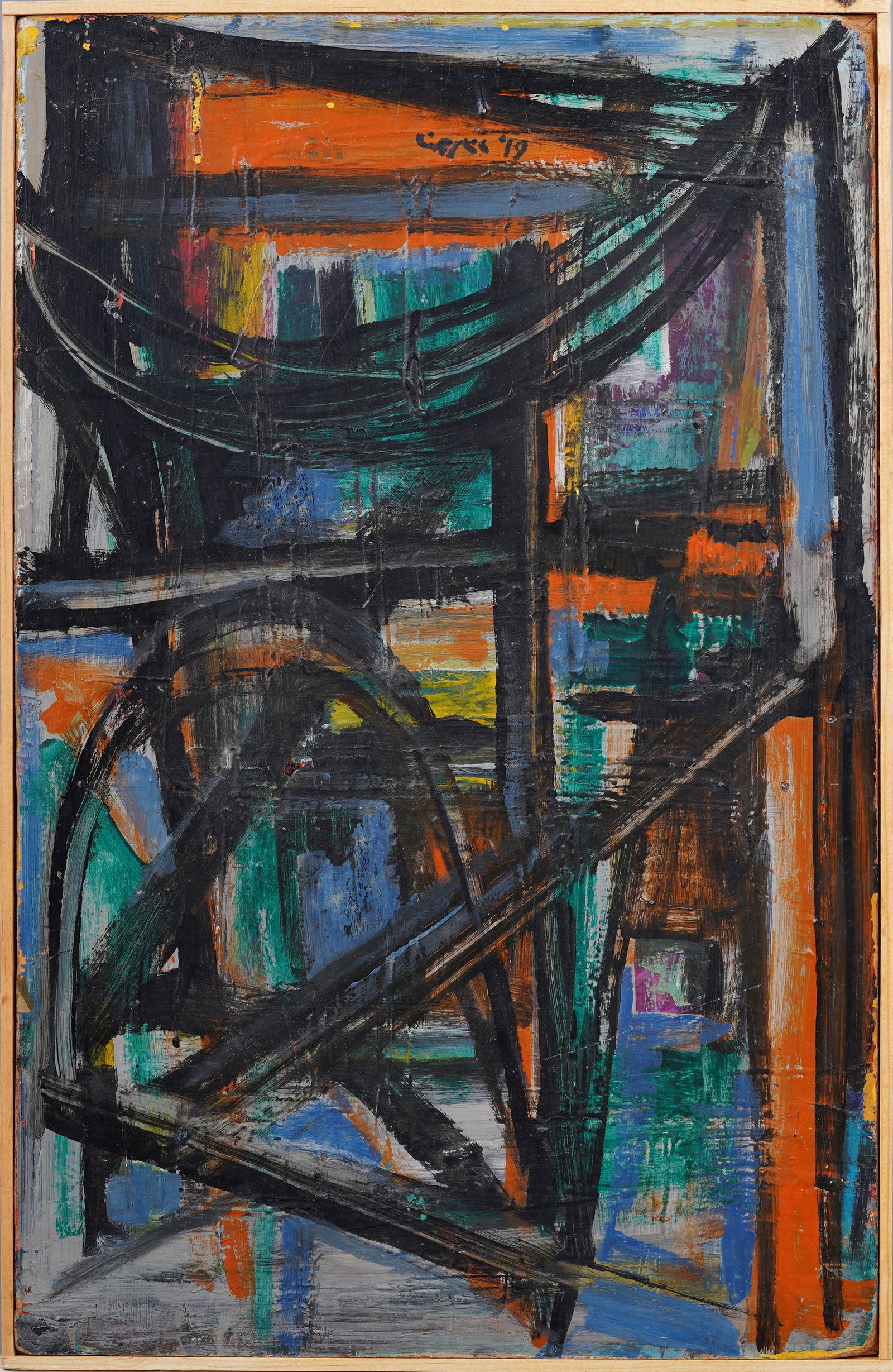 Signed Israeli Mid Century Modern Dated 1961 Framed Original Architectural Oil Painting: Antique Signed Israeli modernist abstract oil painting. Oil on board. Signed. Framed. Please see all images for condition. Size is measured and written on the back of the painting. The first size is t
