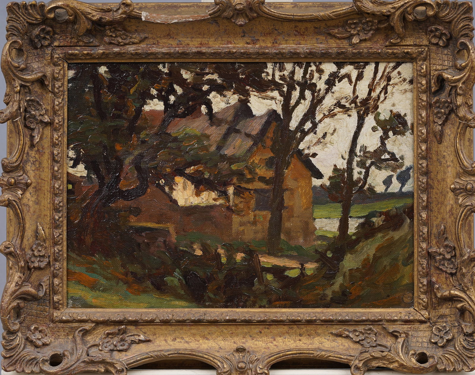 Antique American Impressionist Framed Barn Landscape Fall Original Oil Painting (1 of 6)