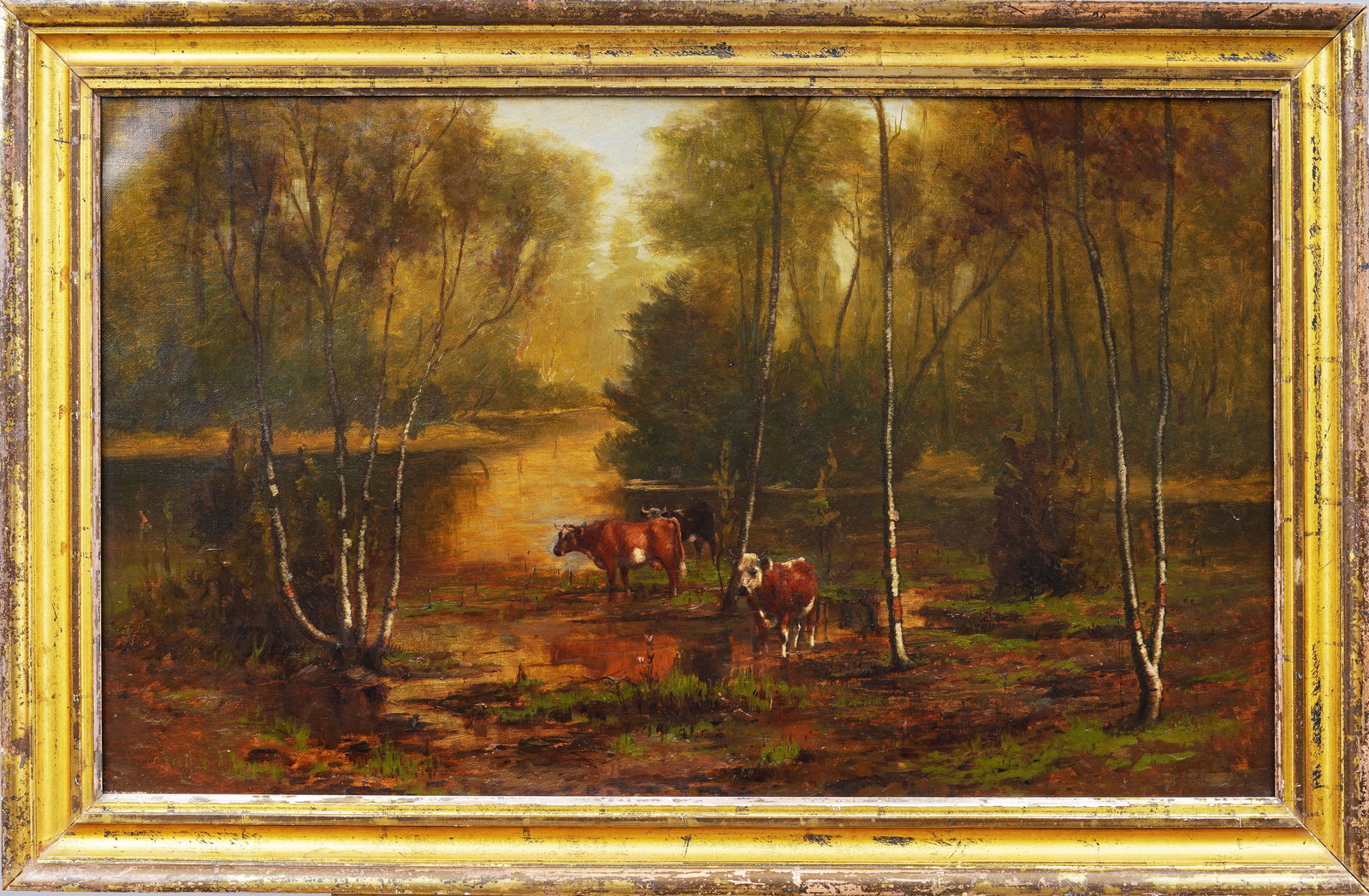 Walter Brown Antique Hudson River School Large 19th C Forest Interior Cow Grazing Framed Painting (1 of 7)