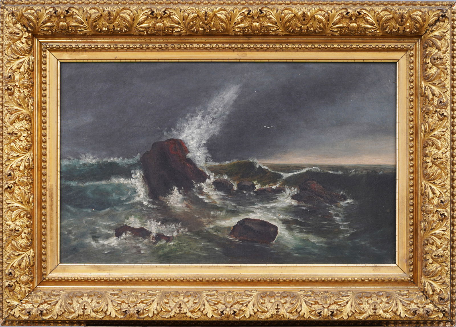 Antique American Hudson River School Seascape Crashing Waves Barbizon Framed Oil Painting (1 of 6)