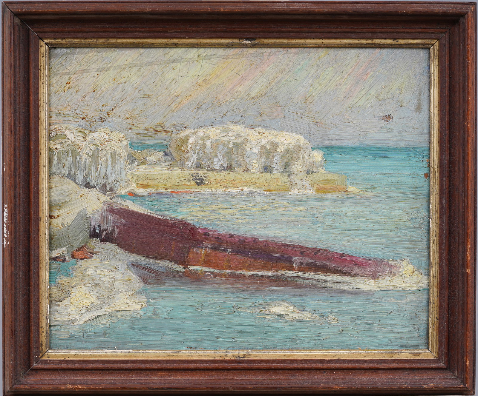 Antique American Impressionist Framed Arctic Glacier Coast Original Oil Painting: Antique American oil painting. Oil on board. Framed. Please see all images for condition. Size is measured and written on the back of the painting. The first size is the overall size, the second size 