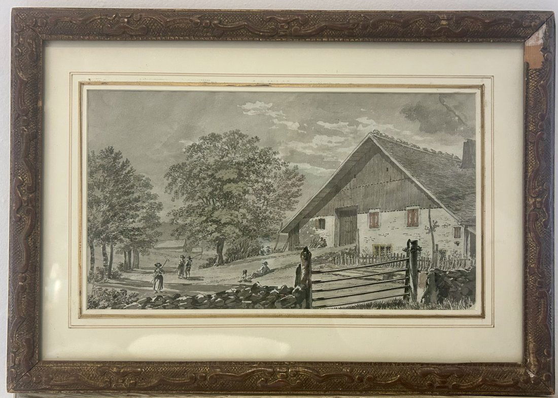 David-Alphonse, Baron De Sandoz-Rollin (1740-1809) Signed Swiss Antique Landscape Watercolor: Antique Swiss watercolor painting. Signed. Framed. Image size, 7.5"H x 13L. Please see all images for condition. Size is measured and written on the back of the painting. The first size is the overall