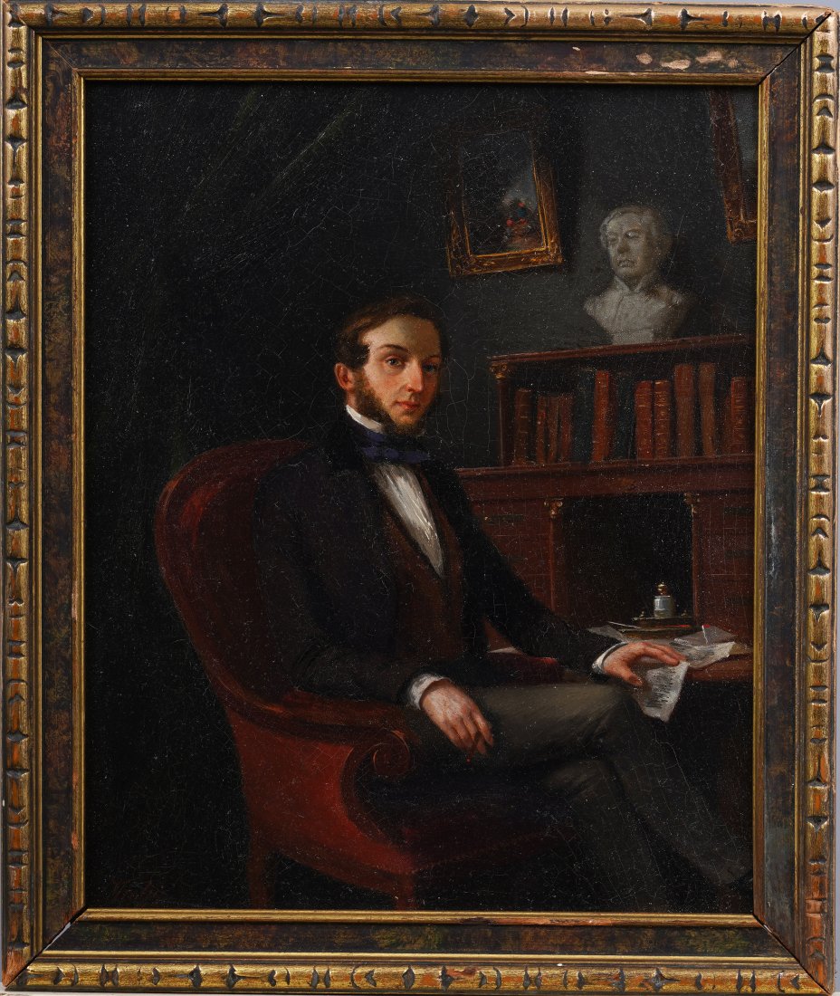 Antique American School Classical Library Portrait Elegant Young Man 19th Century Oil Painting (1 of 5)