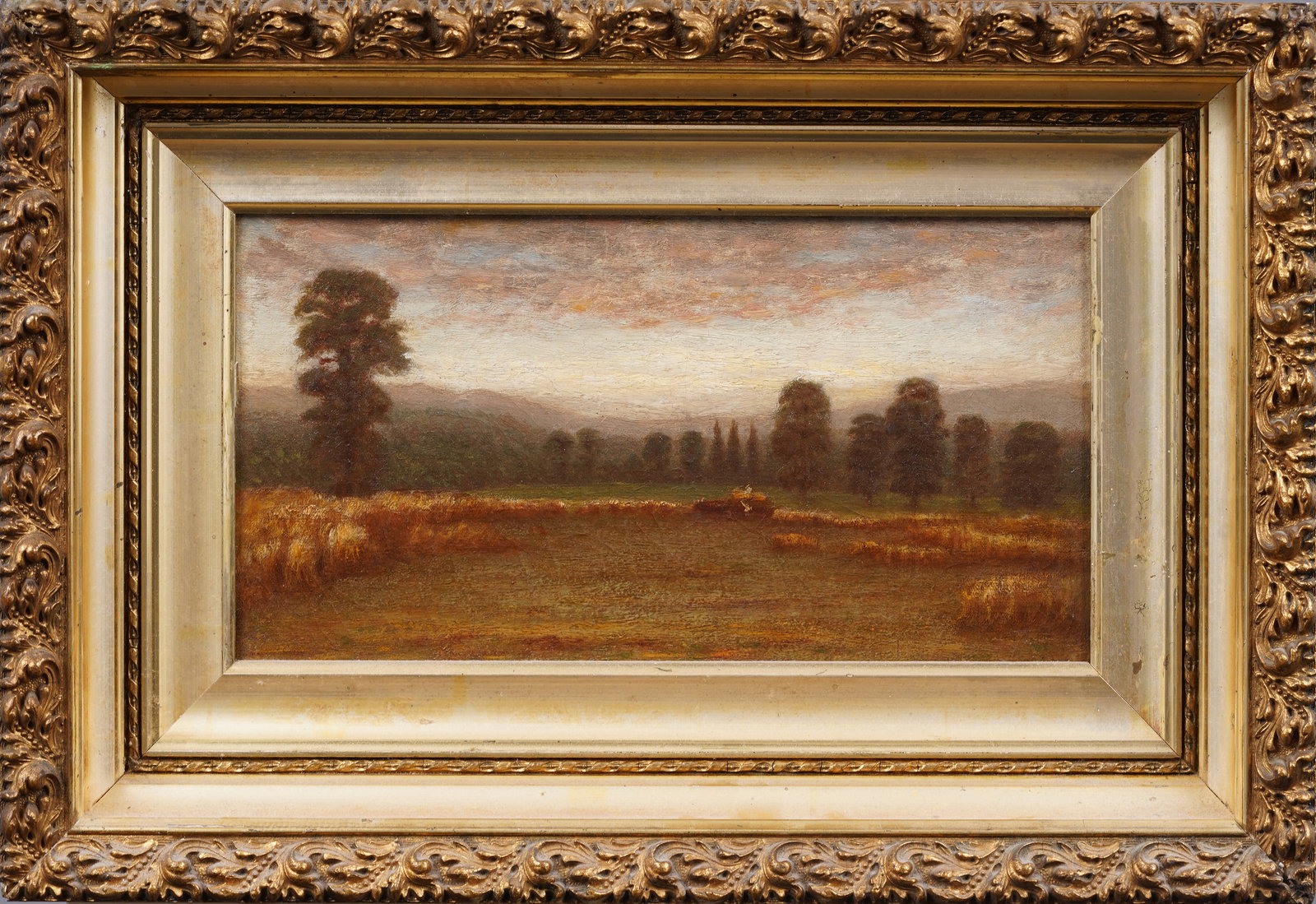 Antique American Panoramic Fall Sunset Haystack Landscape Framed Original Oil Painting (1 of 4)