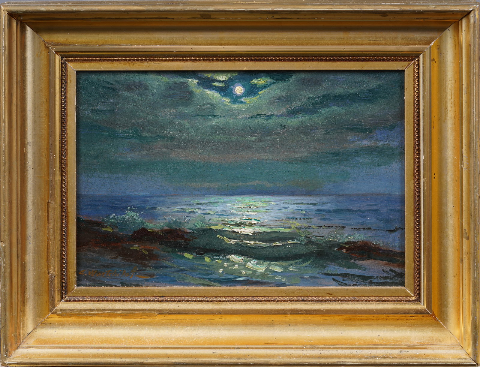 Constantin Westchiloff (1877 - 1945) Antique American Moonlit Seascape Impressionist Oil Painting (1 of 5)