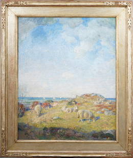 Henry Rankin Poore 1859-1940 Huge American Impressionist Sheep Grazing Silver Leaf Frame: Antique American impressionist landscape oil painting by Henry Rankin Poore (1859 - 1940). Oil on canvas. Signed. Framed in. a wonderful silver leaf impressionist molding=. Please see all images for c