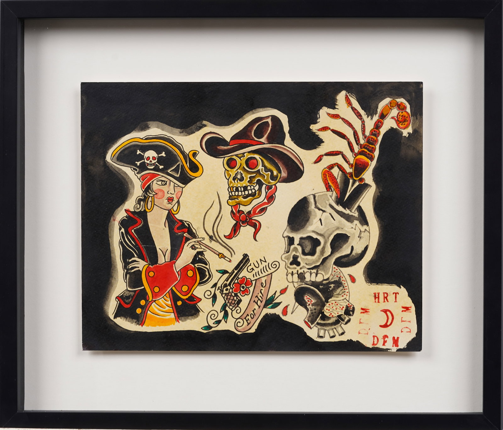 Vintage Original Tattoo Flash Art Pirate and Skeleton Original Painting (1 of 5)