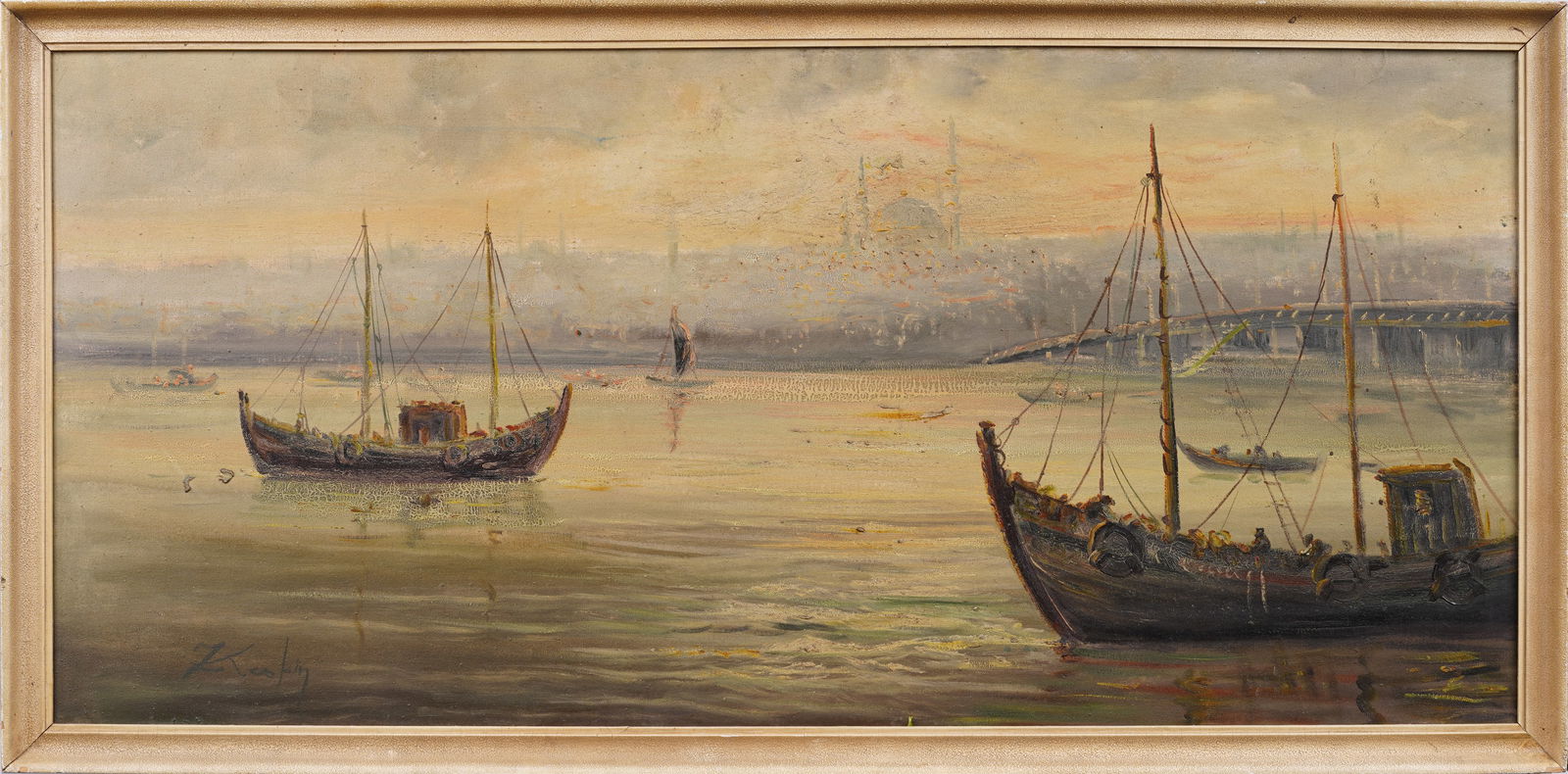 Large Signed Orientalist Sunset Bosphorus Turkey Cityscape Framed Antique Oil Painting (1 of 6)