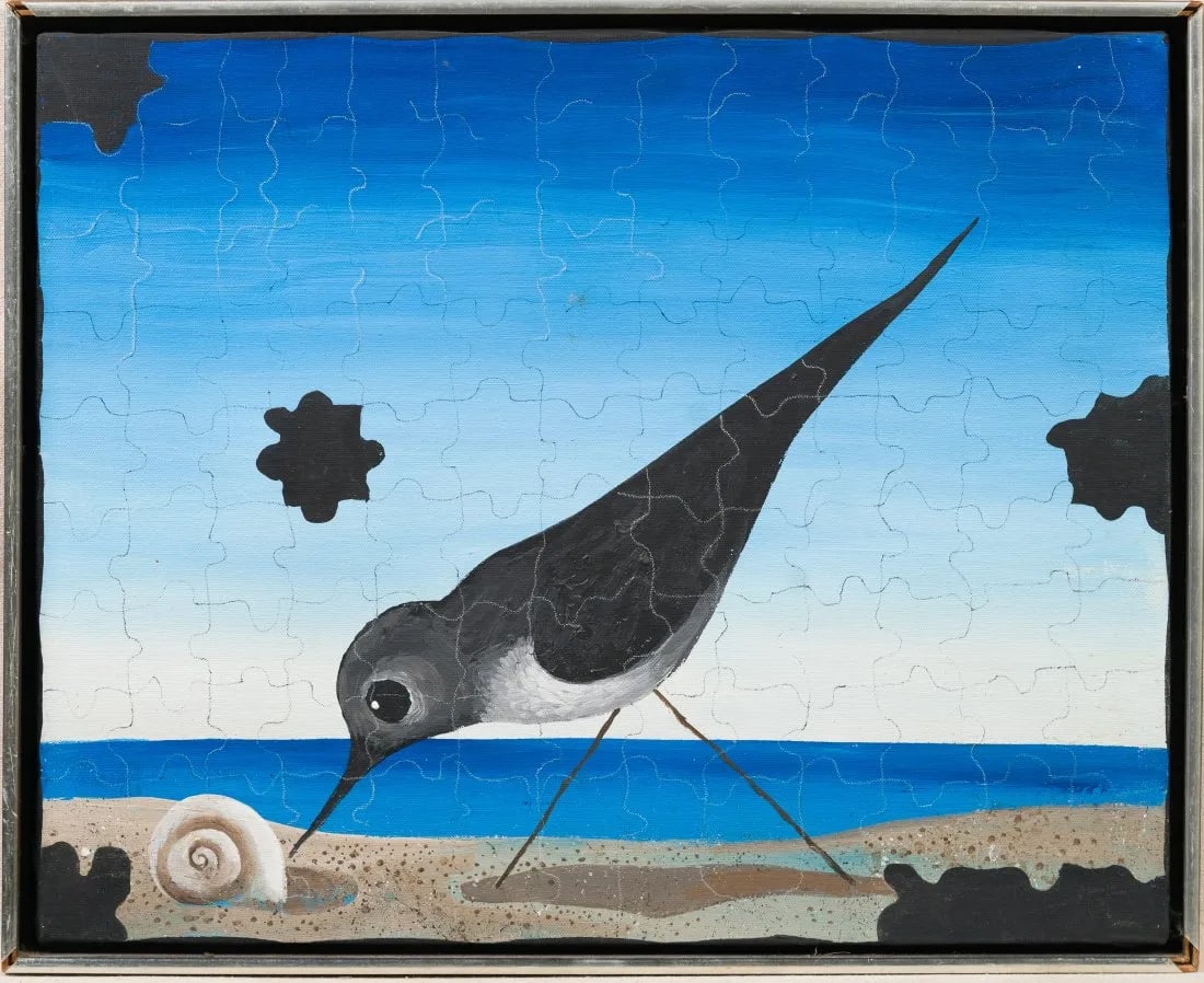 Vintage American Modernist M Crow Puzzle Art Original Sandpiper Beach Scene Oil Painting (1 of 5)