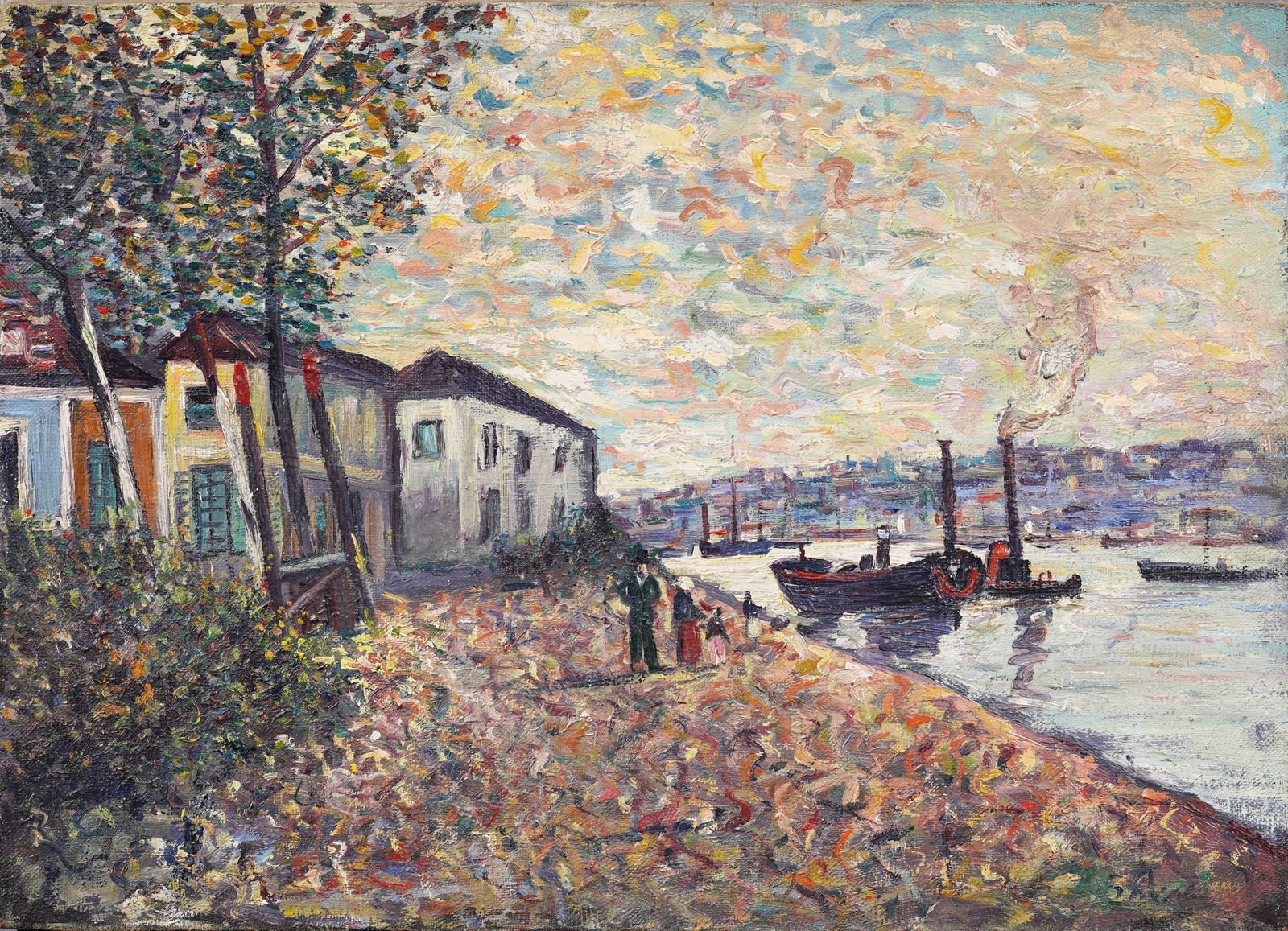 Antique European Post Impressionist Modernist Signed River Town Scene Original Oil Painting: Antique European modernist town scene oil painting. Oil on canvas. Signed lower right. Measuring 13 by 18 inches. Please see all images for condition. Size is measured and written on the back of the p