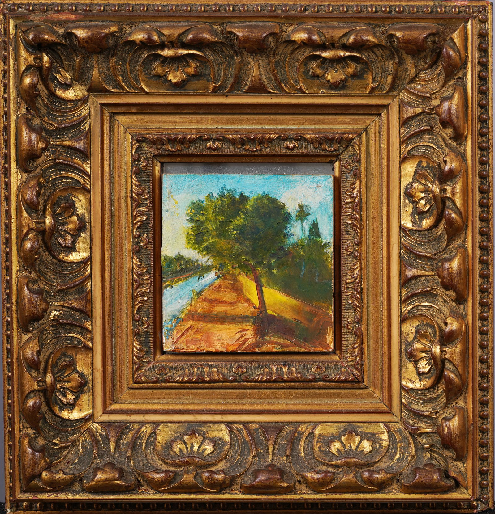 Wide Gold Frame Antique American School Modernist Landscape Original Oil Painting (1 of 4)