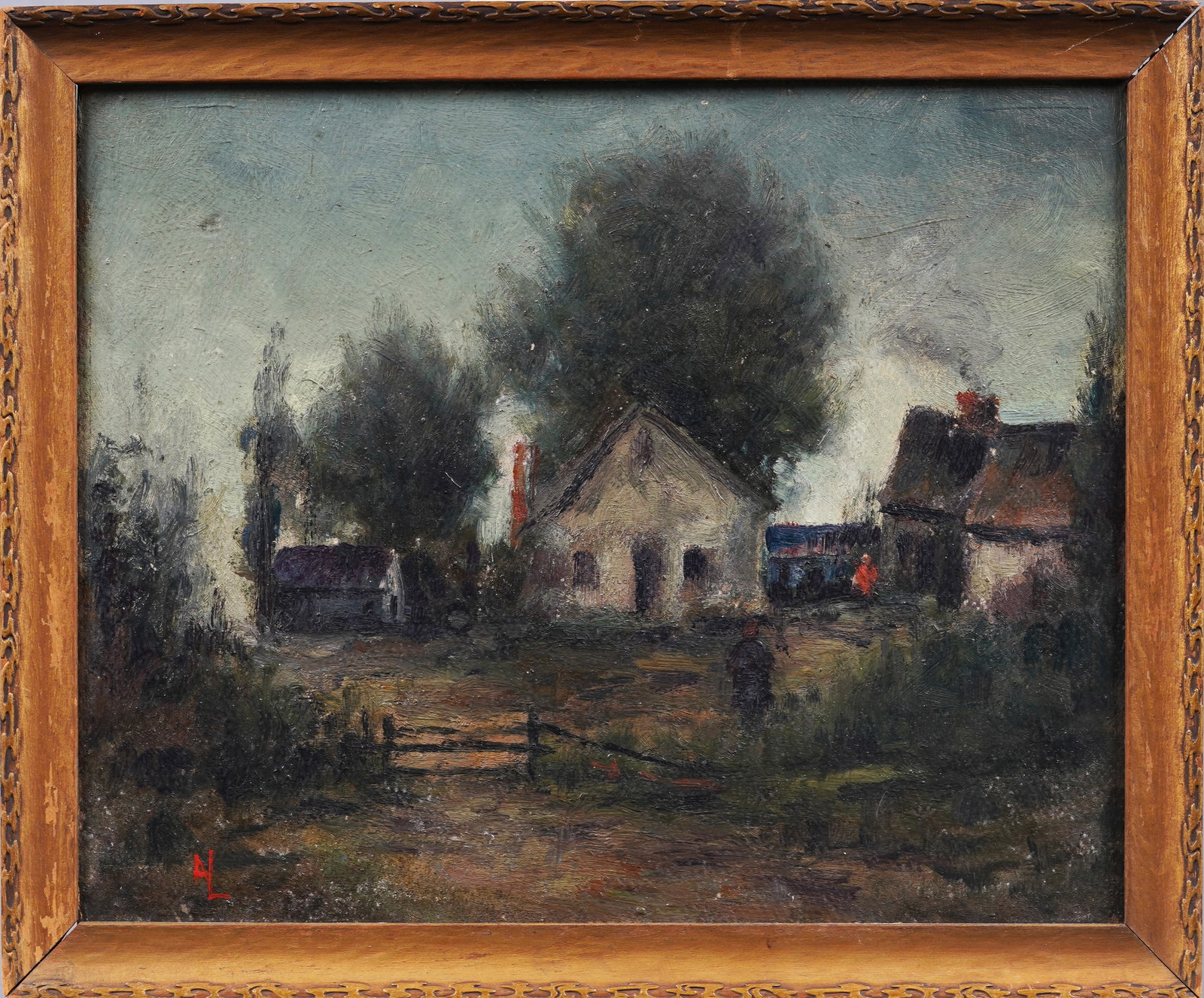 Monogrammed American Impressionist Nocturnal Farm Landscape Framed Original Oil Painting: Antique American oil painting. Oil on board. Signed. Framed. Please see all images for condition. Size is measured and written on the back of the painting. The first size is the overall size, the seco