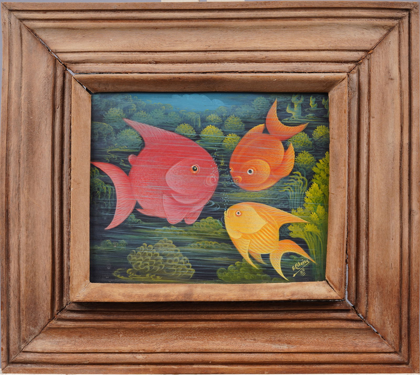 Signed Vintage Haitian Under Water Fish Portrait Modernist Framed Oil Painting: Antique Haitian signed oil painting. Oil on board. Signed. Framed. Measuring 15 by 17 inches overall and 8.5 by 10 painting alone. Please see all images for condition. Size is measured and written on