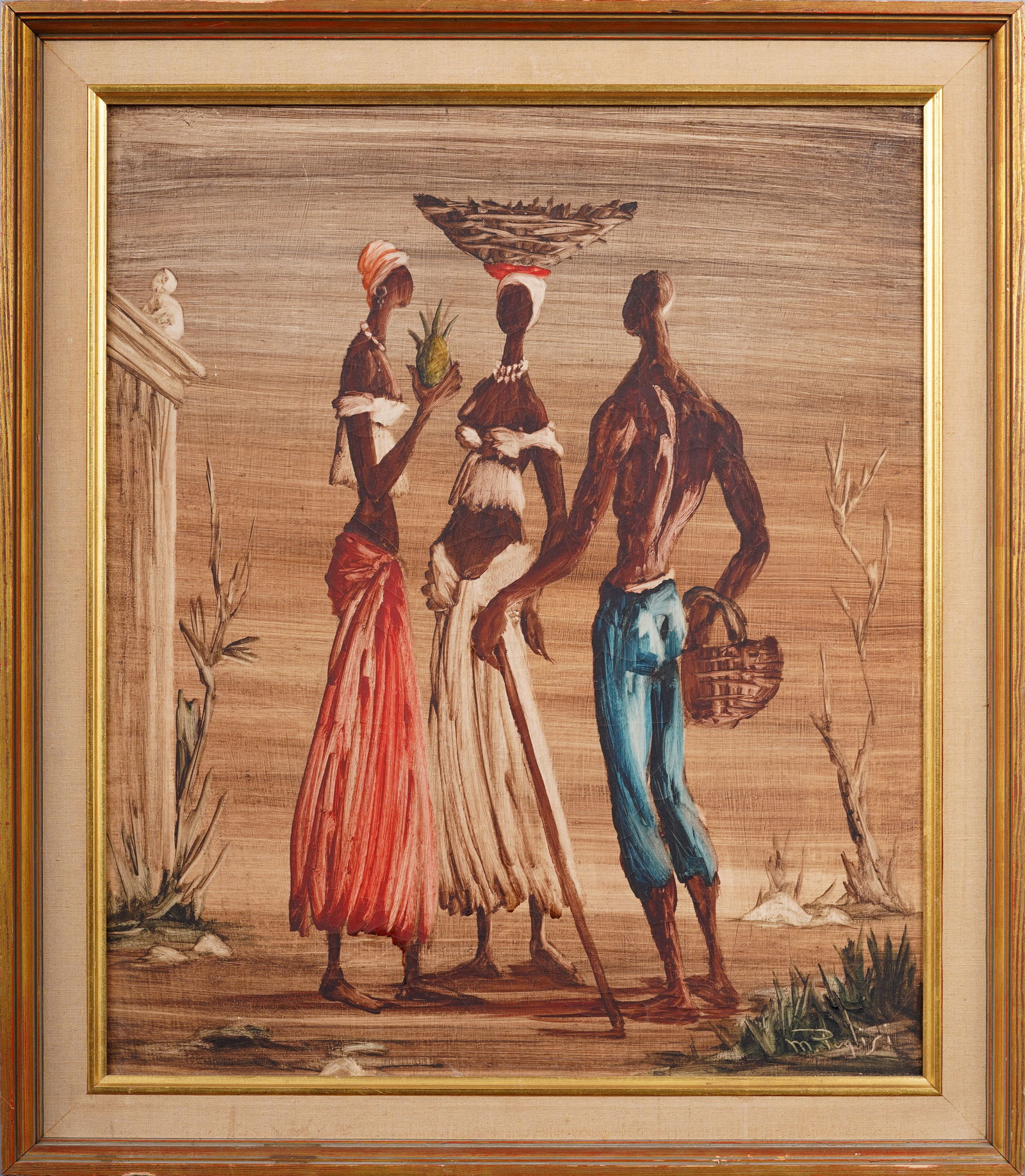 Antique Vintage Surreal Signed African Street Scene Framed Market Figures Oil Painting (1 of 8)