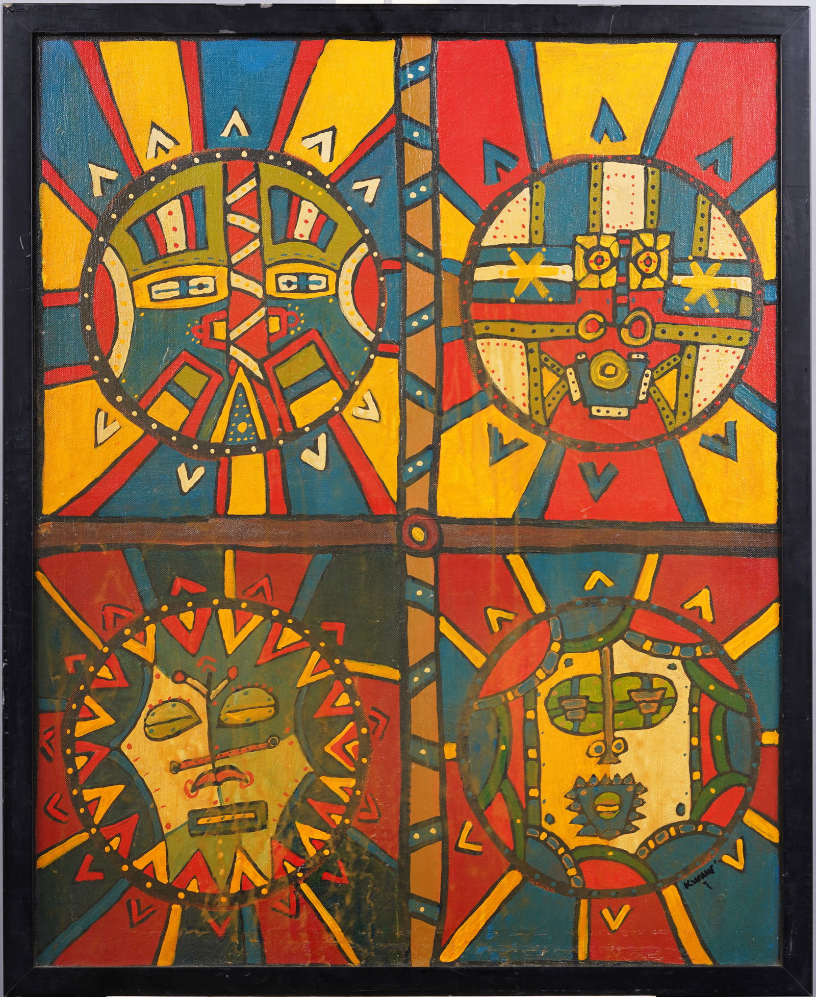 Vintage African Tribal Modernist Abstract Framed Oil Painting Signed Kwame (1 of 6)