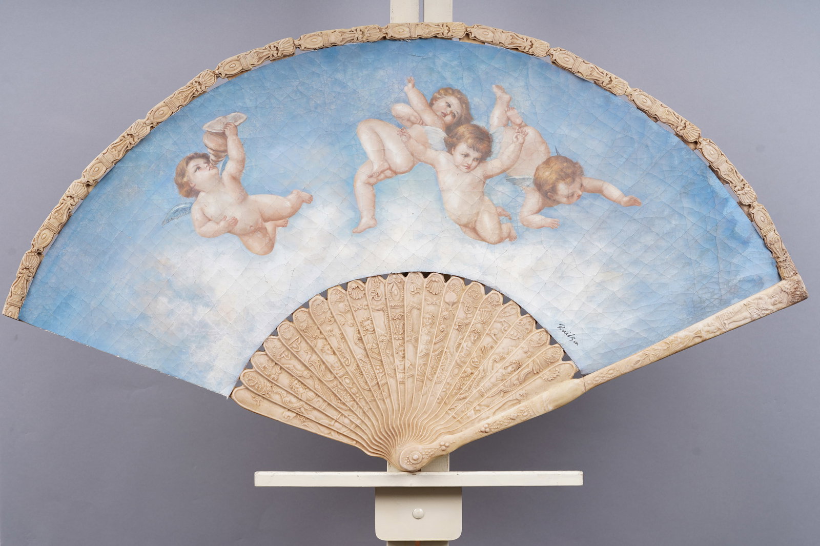 Antique Italian Signed Impressionist Cherub Screen: Antique Italian cherub screen oil painting. Oil on canvas. Signed. Measuring 25 by 42 inches. Please see all images for condition. Size is measured and written on the back of the painting. The first s