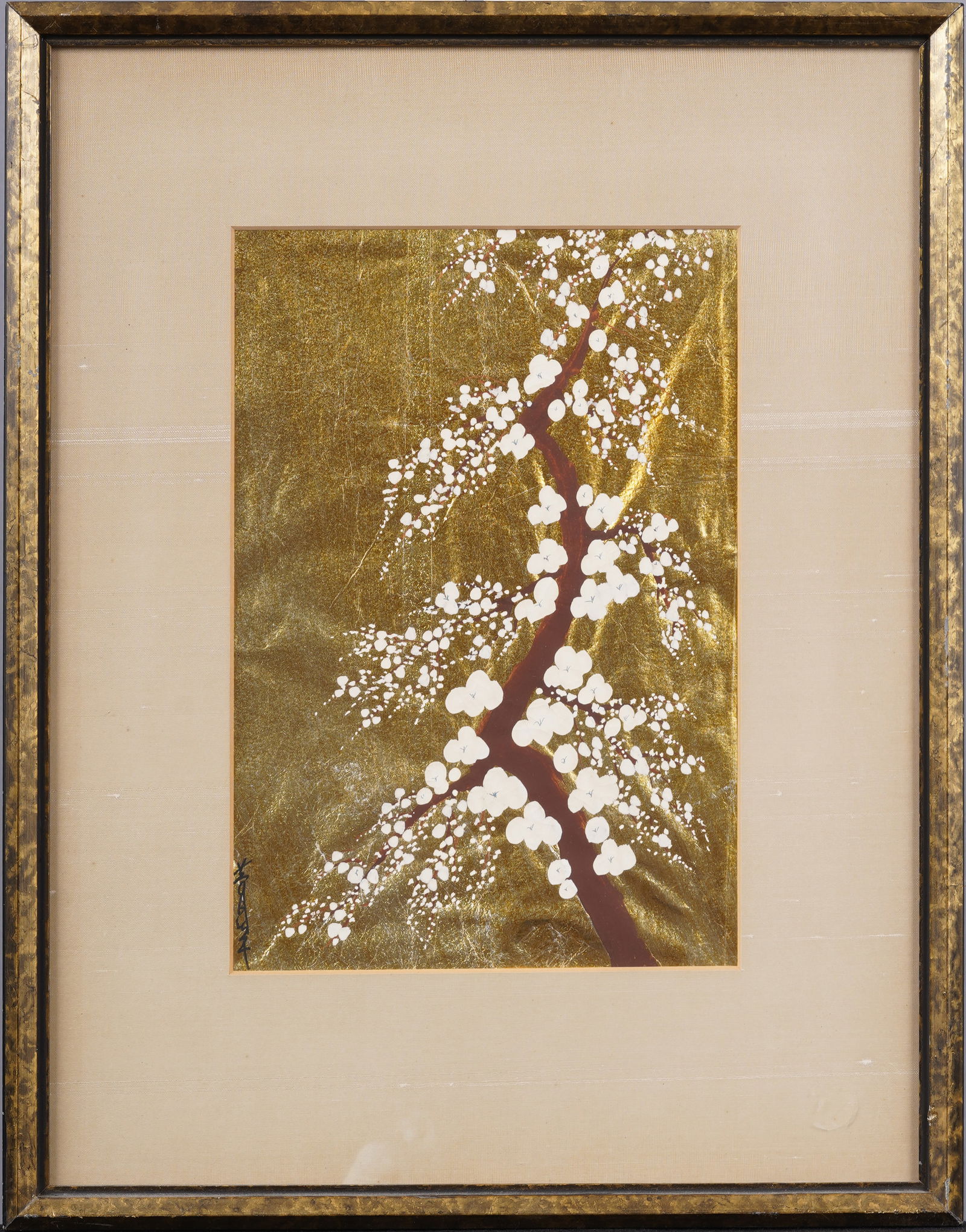 Signed Antique Asian Gold Leaf Orchid Cherry Blossom Tree Signed Rare Framed Painting (1 of 6)