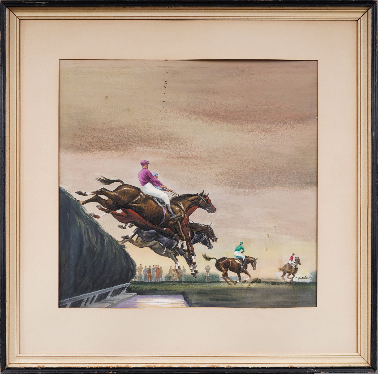 Antique American Signed "C Bracken" Original Sporting Art Steeplechase Horse Race Painting (1 of 6)