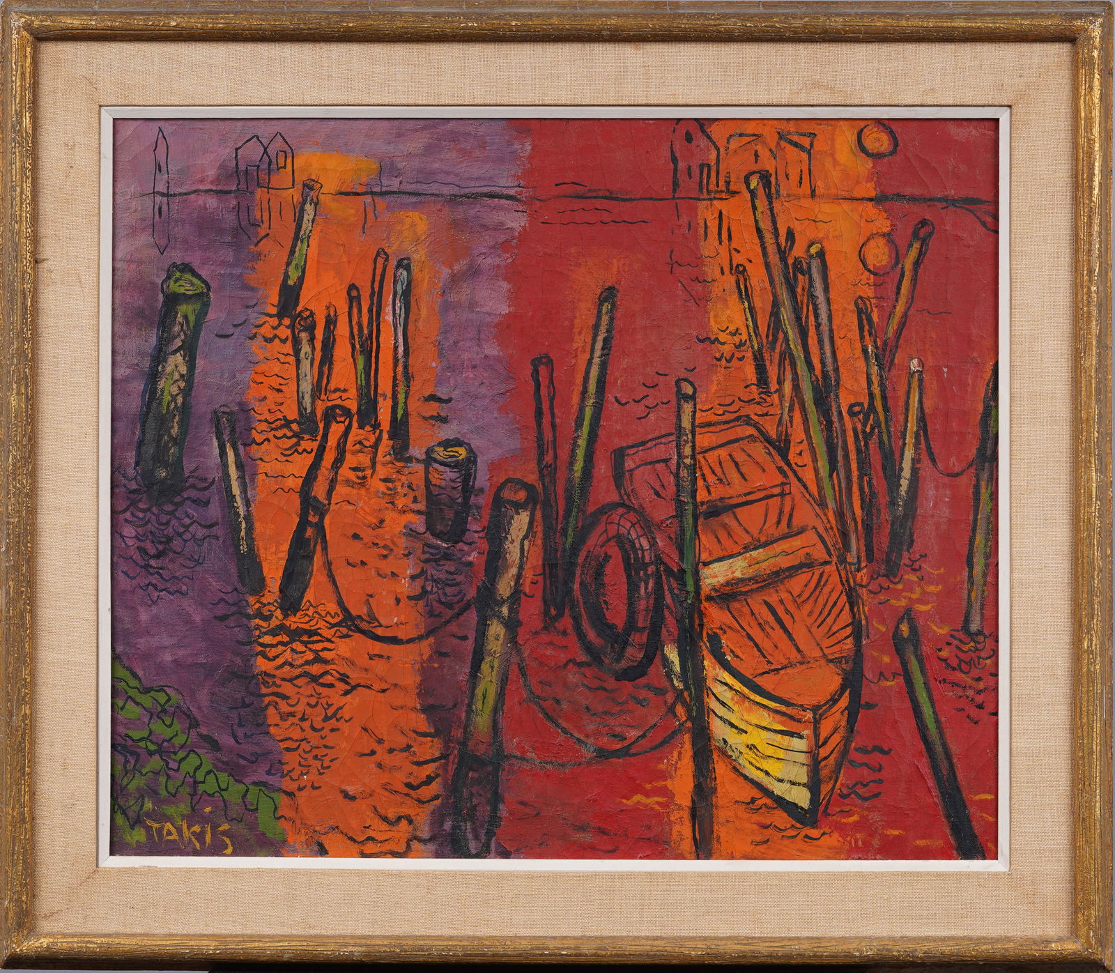 Nicholas Takis (1903 - 1965) Antique Greek American Modernist Harbor View Original Oil Painting: Antique Greek American modernist ship harbor oil painting. Oil on canvas. Signed. Framed. Nice fauvist colors. Measuring 26 by 30 overall and 20 by 24 painting alone. Please see all images for conditi