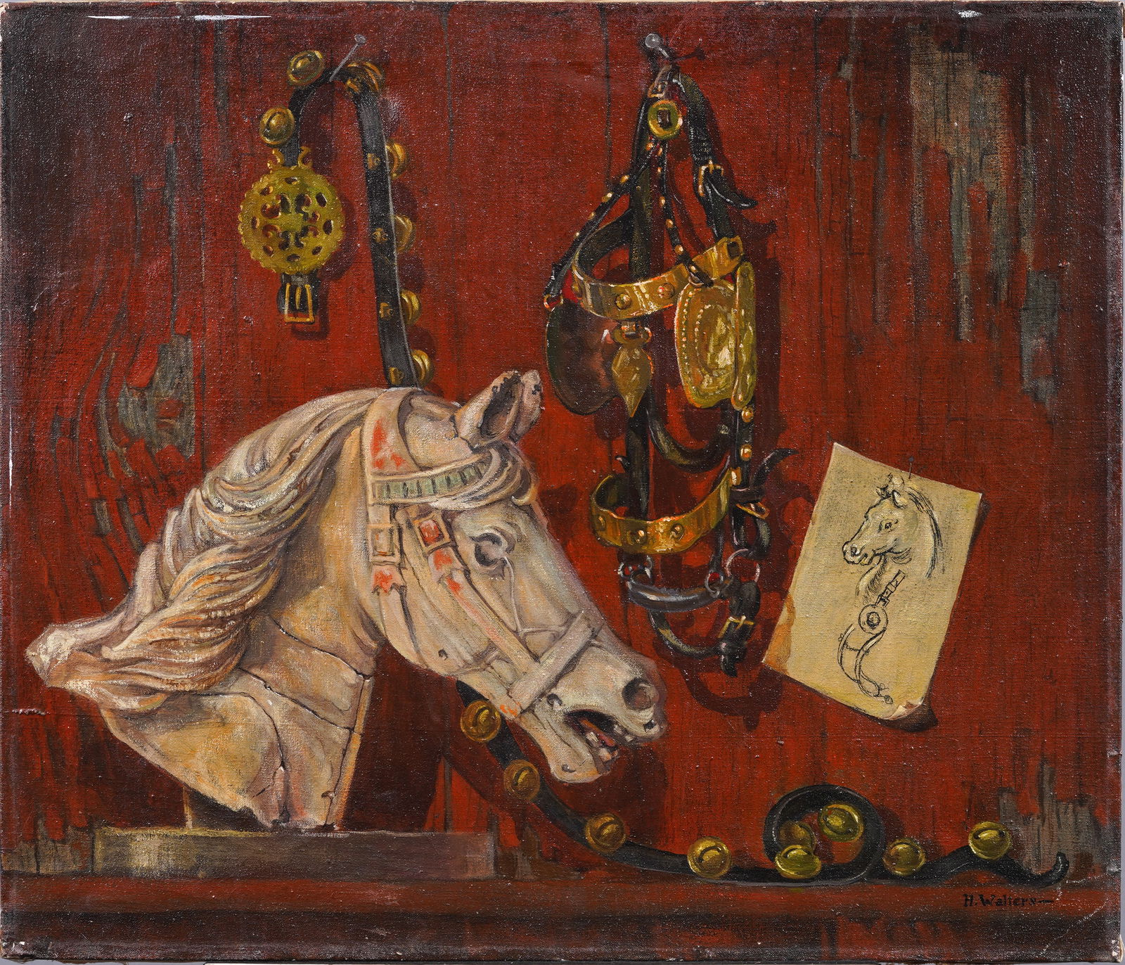 Henry A Walters Antique American Tack Shop Equestrian Still Life Trompe L'Oeil Original Oil Painting (1 of 8)