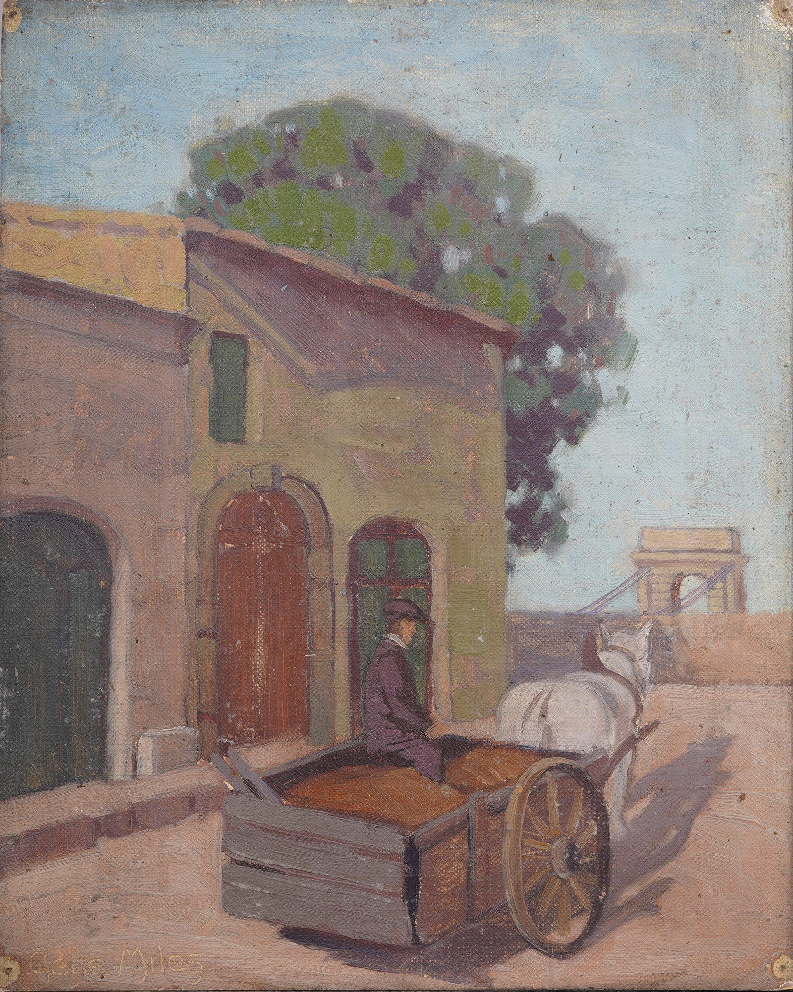 Signed Antique American Impressionist Horse Cart Landscape Original Oil Painting: Antique American oil painting. Oil on canvasboard. Signed. Measuring 8.25 by 10.25 overall. Please see all images for condition. Size is measured and written on the back of the painting. The first siz