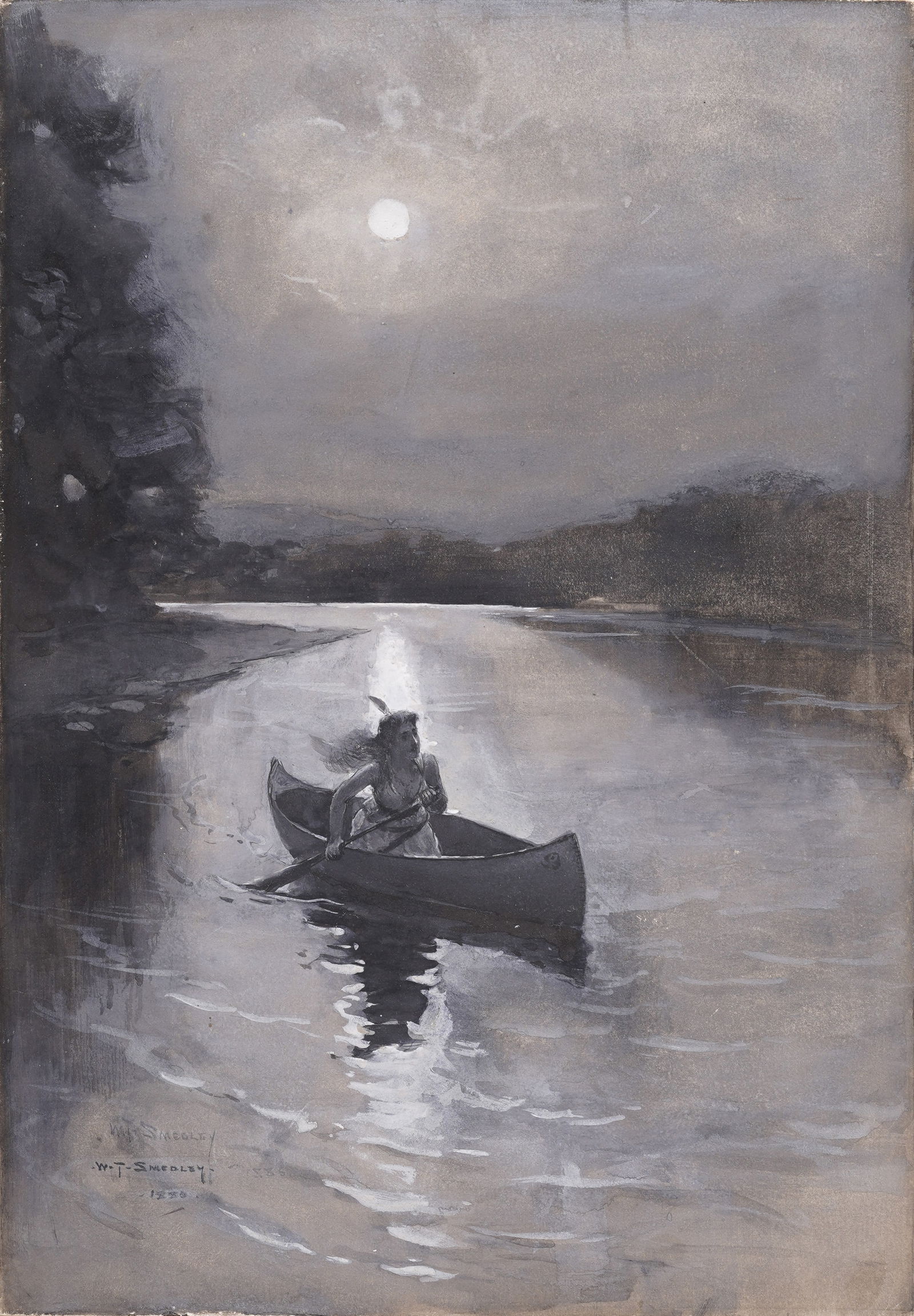 William Thomas Smedley 1858-1920 Antique American Native Moonlit River Ride American Painting (1 of 5)