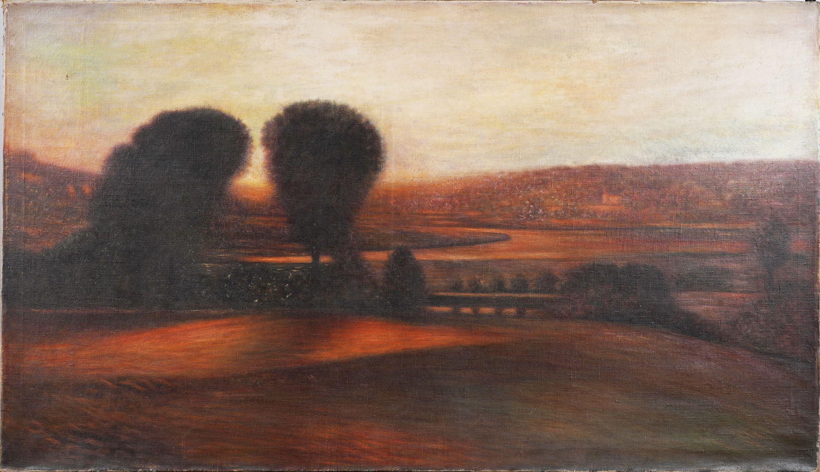 Monumental Antique American School Tonalist Sunset Landscape Original Oil Painting (1 of 3)