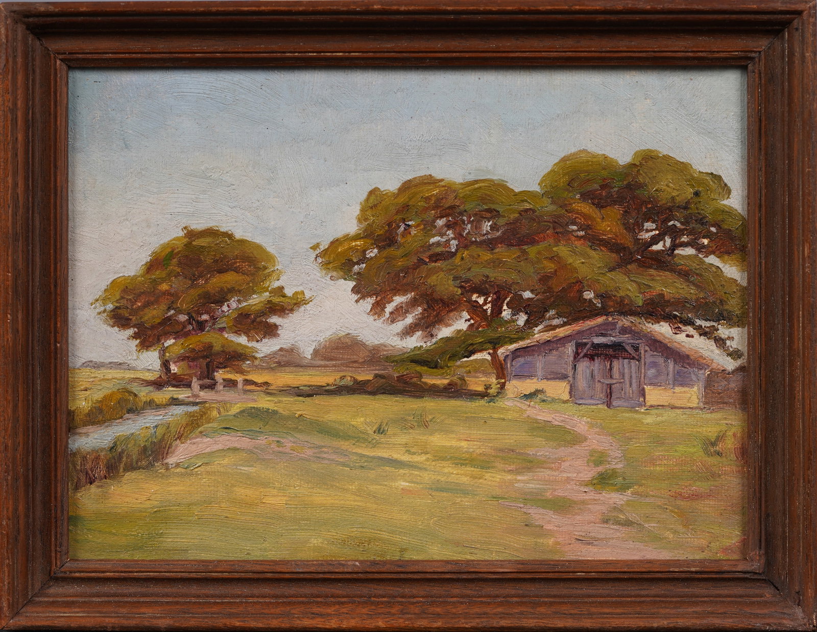 Antique American Southern School Texas Ranch Impressionist Landscape Original Oil Painting: Antique American school oil painting. Oil on canvas. Framed. Measuring 7 by 9 overall and 6 by 8 painting alone. Please see all images for condition. Size is measured and written on the back of the pa