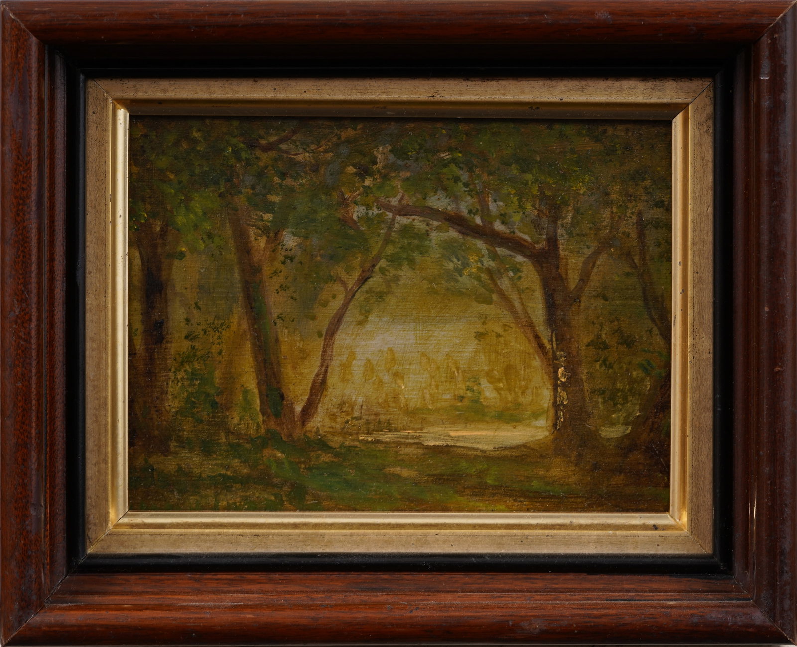 Antique American Hudson River School Forest Interior Framed Landscape Original Oil Painting: Antique American oil painting. Oil on board. Framed. Measuring 7 by 9 overall and 5 by 6.5 painting alone. Please see all images for condition. Size is measured and written on the back of the painting