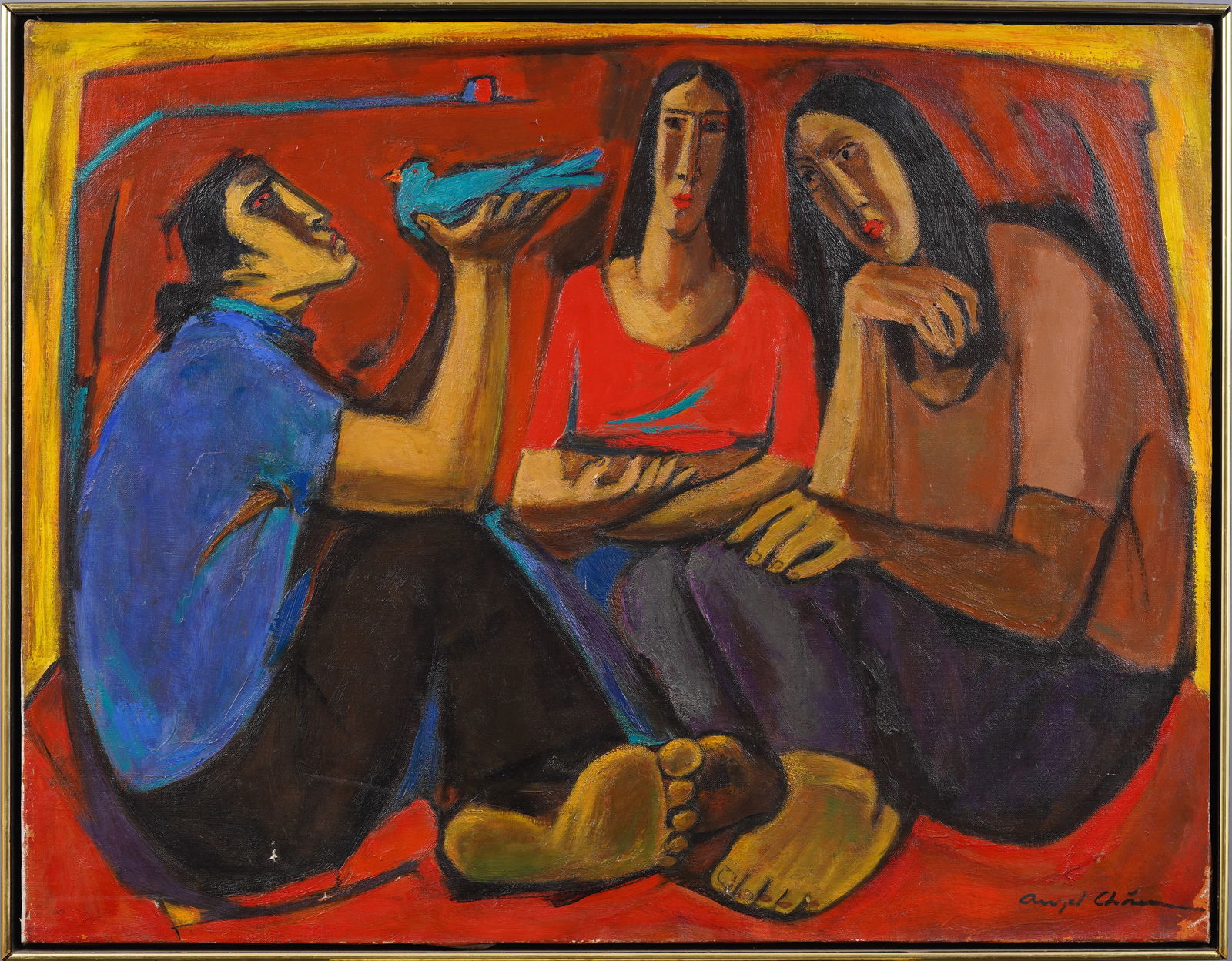 Interesting Latin American School Signed Surreal Framed Modernist Portrait Oil Painting: Vintage Latin American oil painting. Oil on canvas. Signed. Framed. Measuring 28 by 36 overall and 27 by 35 painting alone. Please see all images for condition. Size is measured and written on the bac